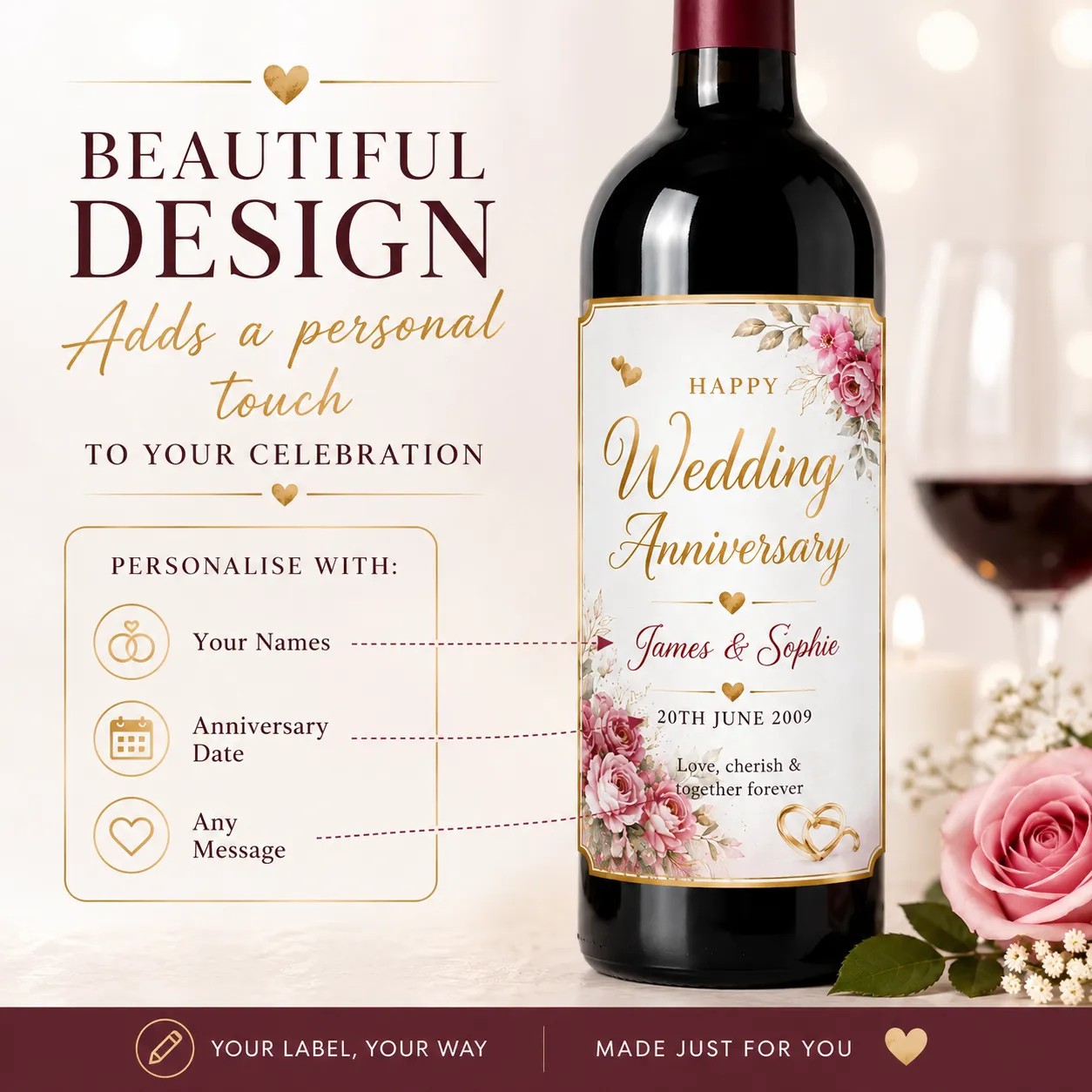 Personalised Wedding Anniversary Bottle Label Sticker Custom Wine Gift