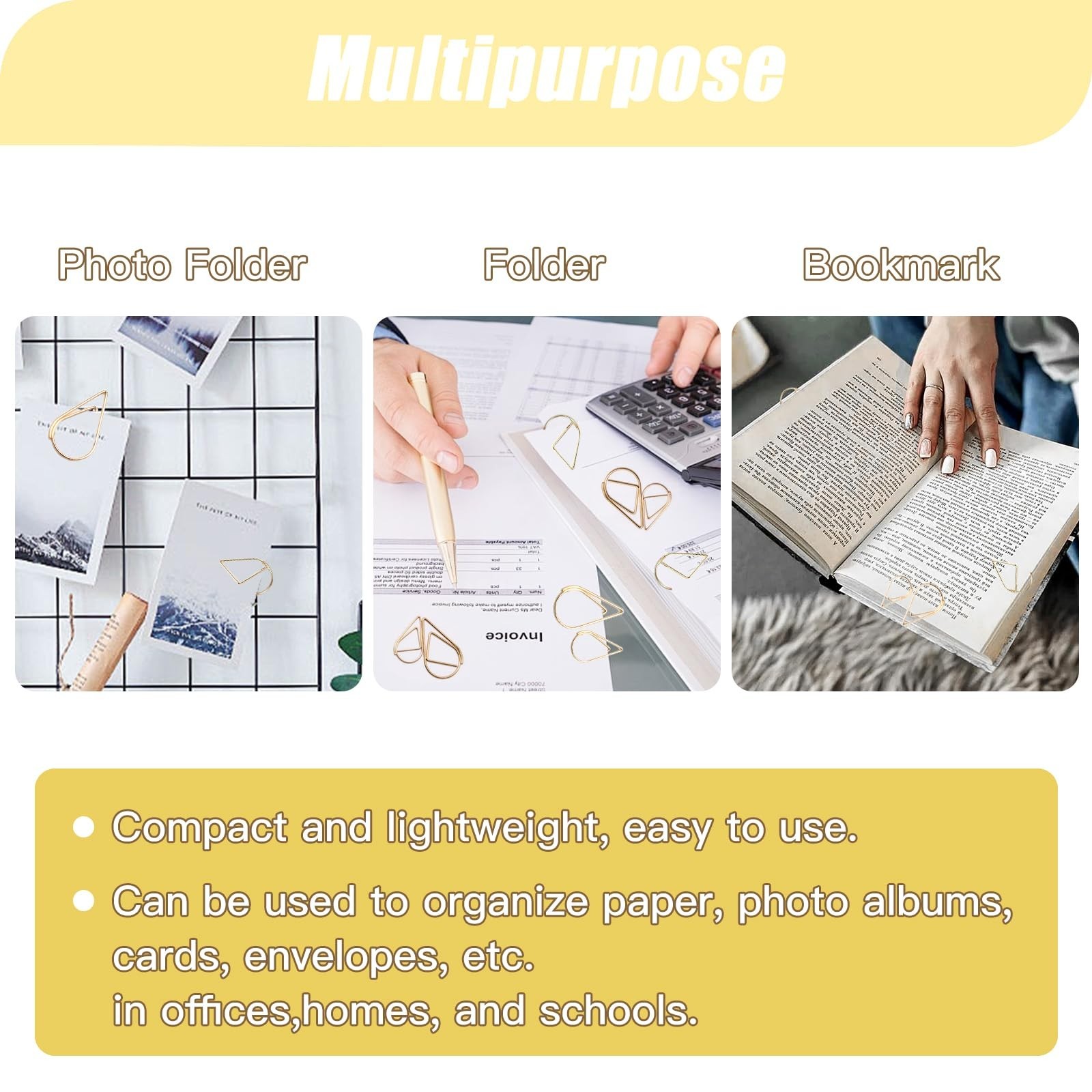 300 Pcs Gold Drops Shaped Paper Clips Set, 150 Pcs Medium Shape and 150 Pcs M…