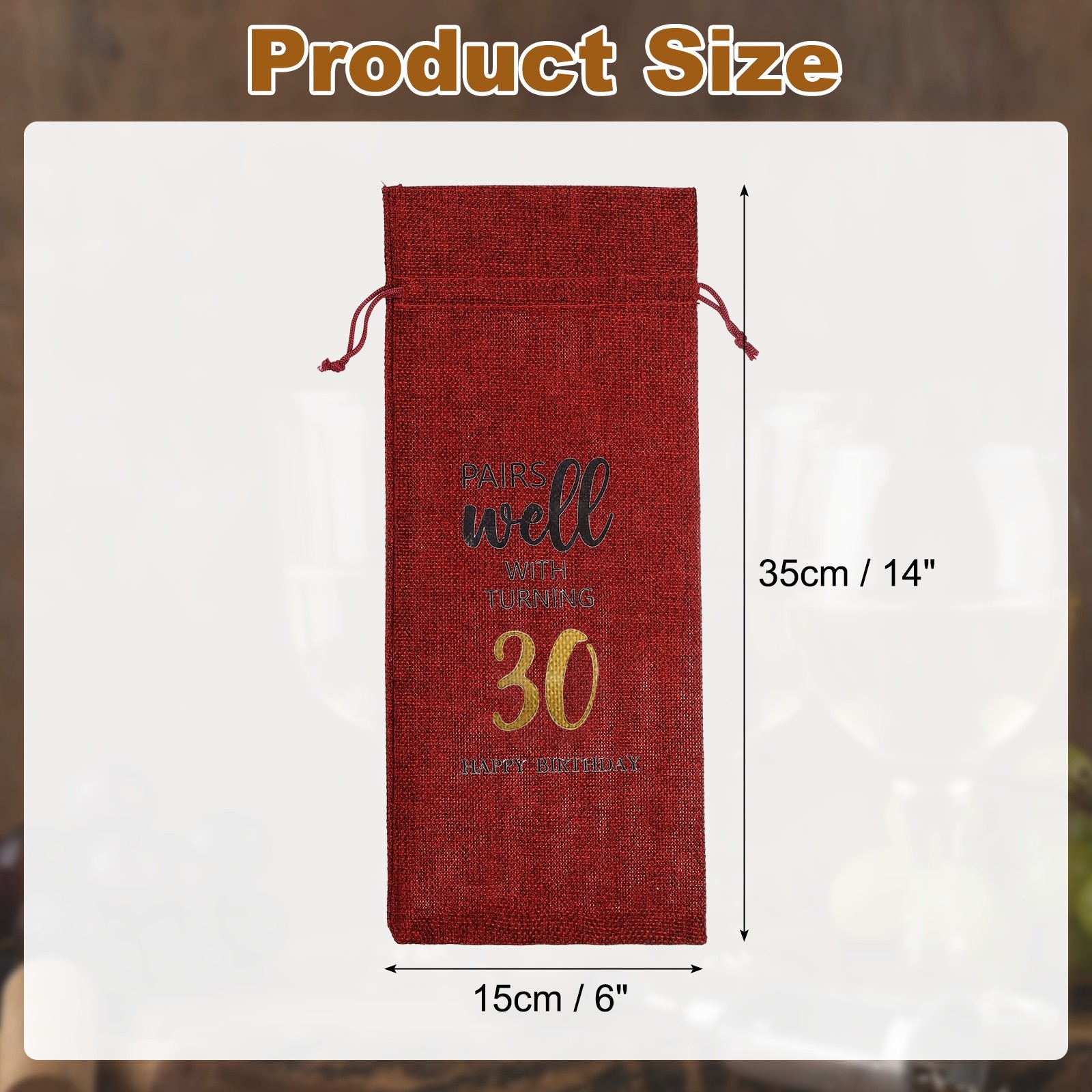 6 x 14 Inch 30th Birthday Gift Wine Bottle Bag with Drawstring, Red