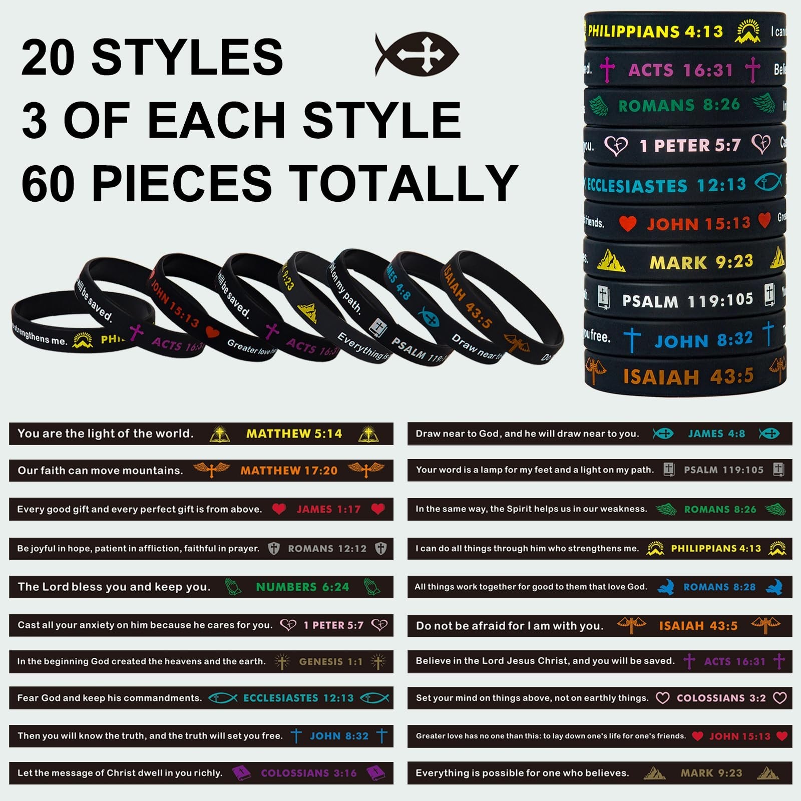60 Pieces Religious Silicone Wristbands Bulk Bible Rubber Bracelets Colorful …
