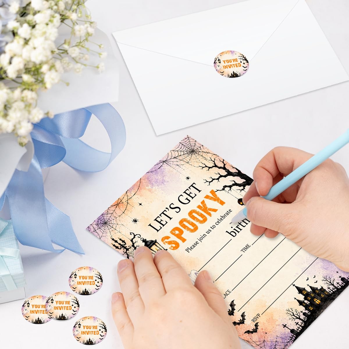 Nopoben Watercolor Spooky Ghost Halloween Birthday Invitation, multicolored