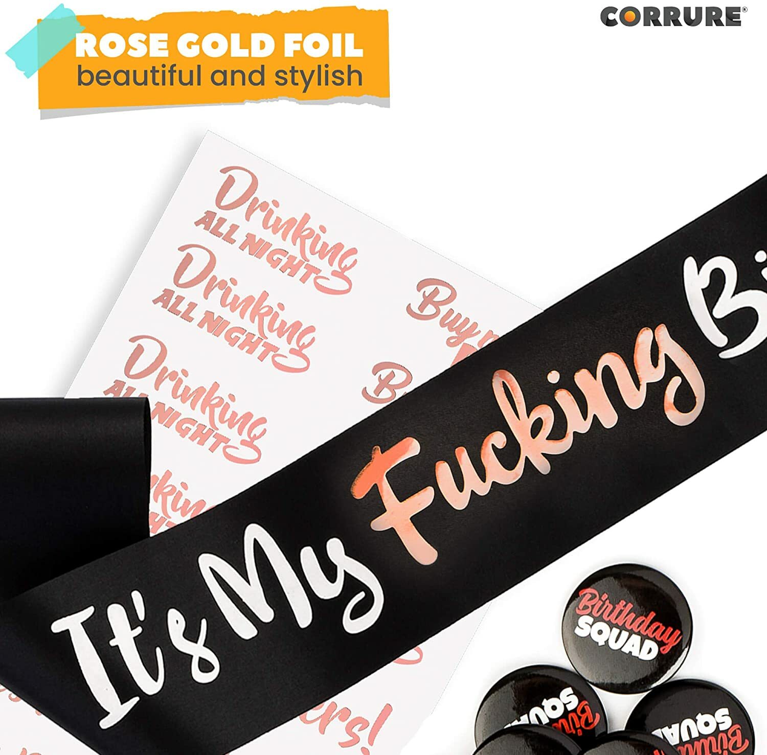 Set of 27 Birthday Sash, Buttons & Tattoos Kit – Rose Gold Birthday Girl Set
