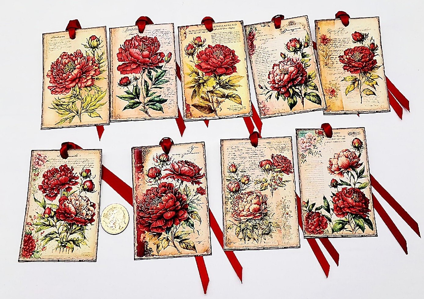 9-Vintage-Red Peonies-Flowers-Floral-Junk Journal-Linen Cardstock-Gift-Tags