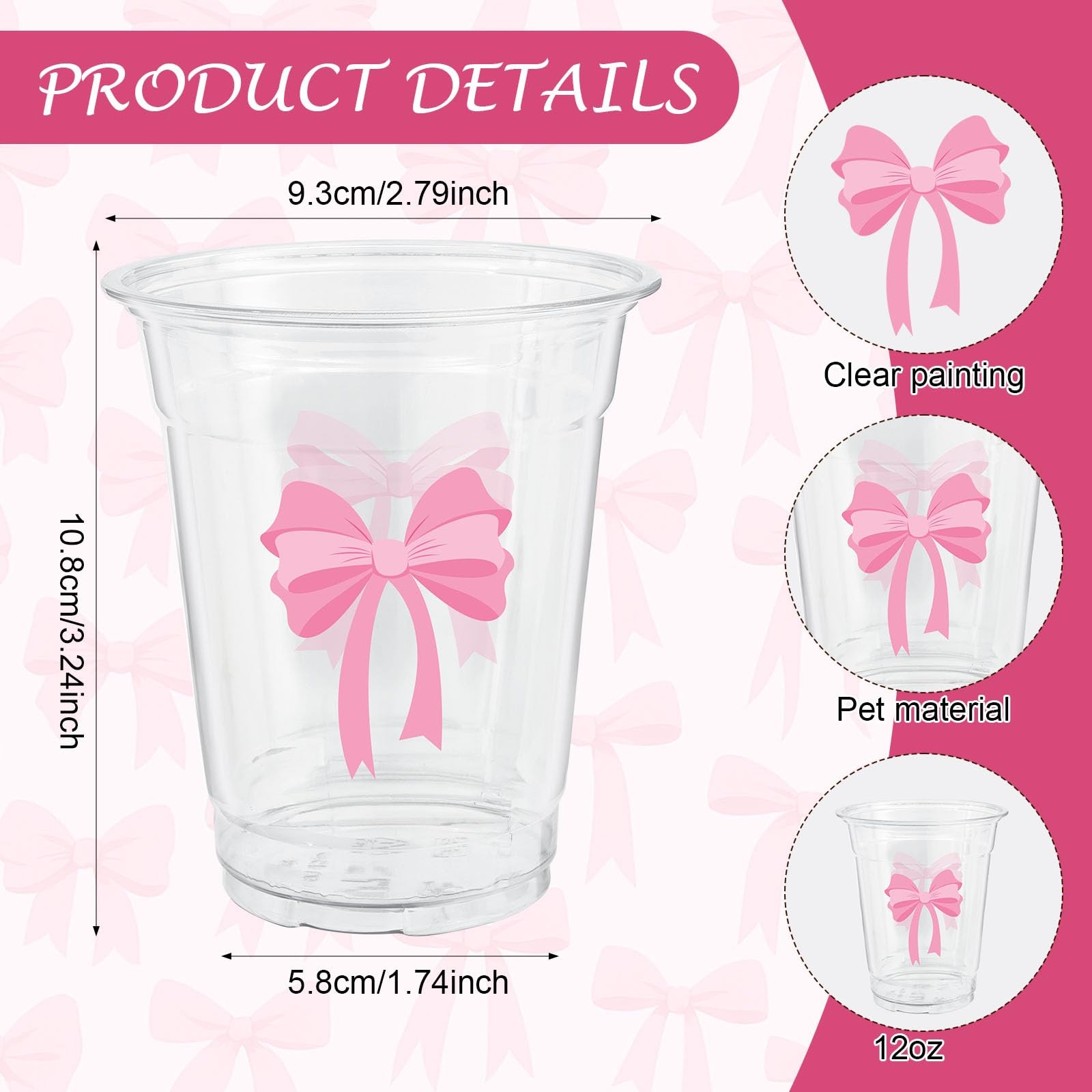 ABURRORI 50 Pcs 12OZ Pink Bow Plastic Cups, Disposable standard,