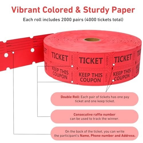 4000 Pcs Raffle Tickets Double Roll – Red Entry Tickets for Events, Prizes & Rew