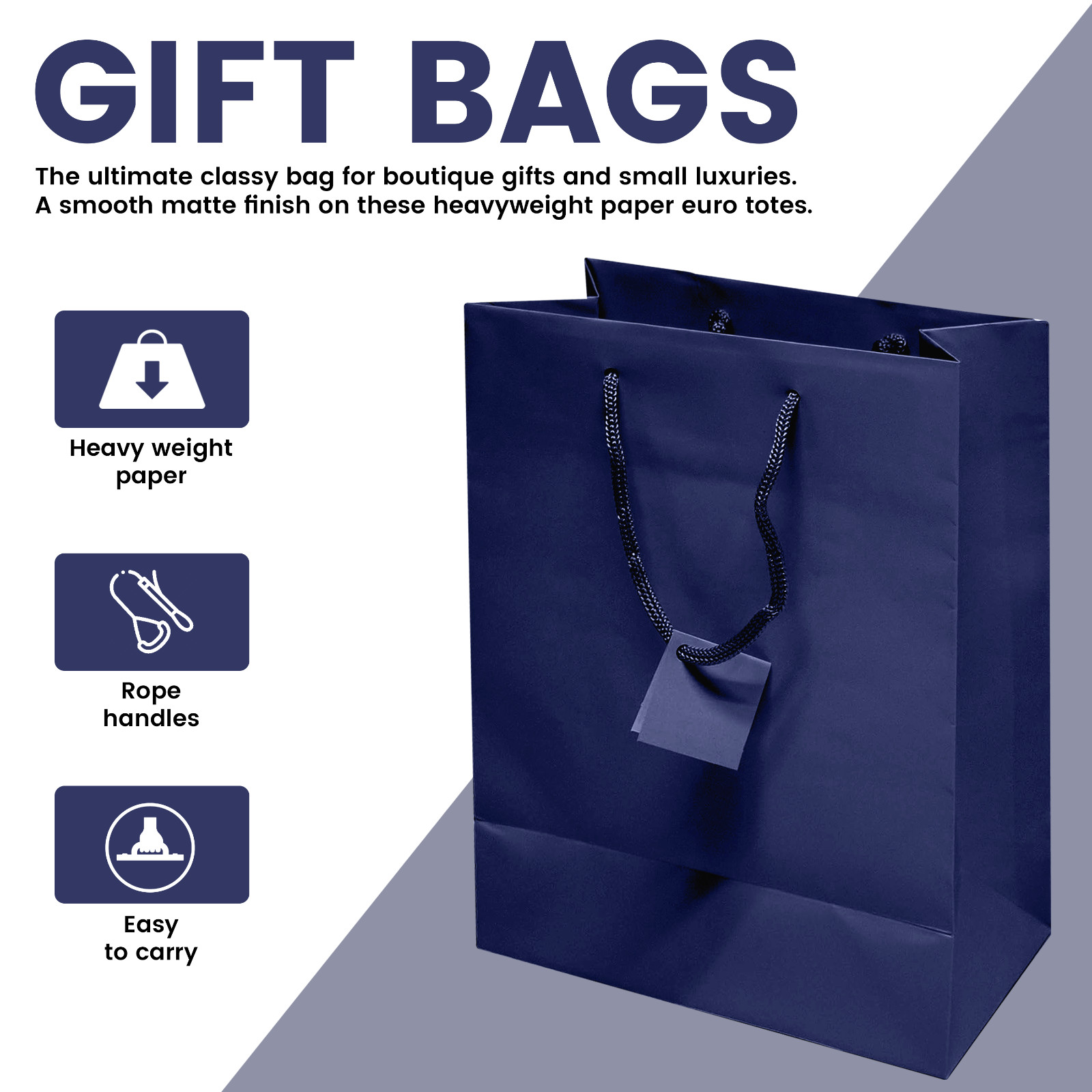 Novel Box Navy Blue Matte Laminated Euro Paper Gift Bags 8X4X10 (10 counts)