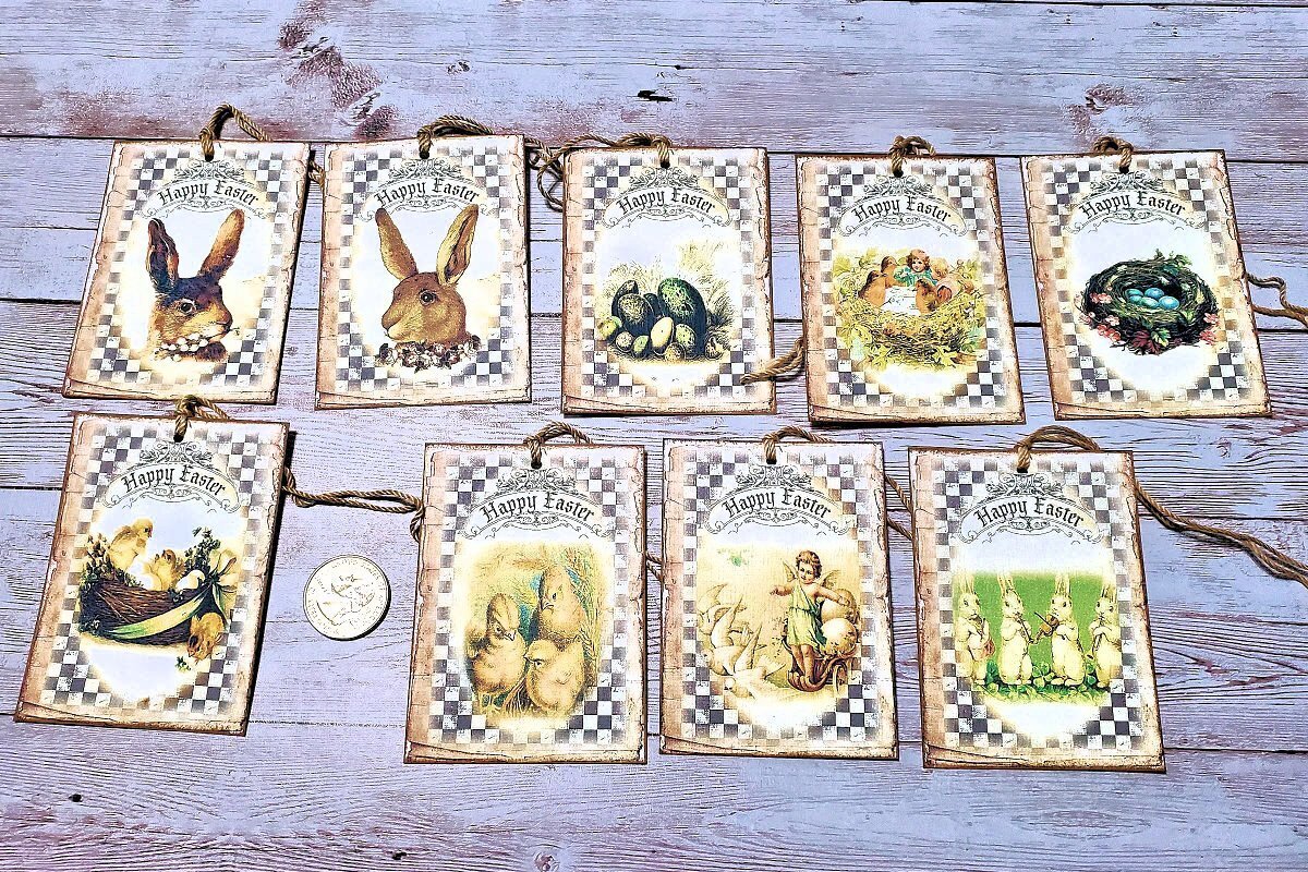 9~Easter~Primitive~Vintage~Rabbits~Hares~Linen Cardstock~Gift~Hang~Tags