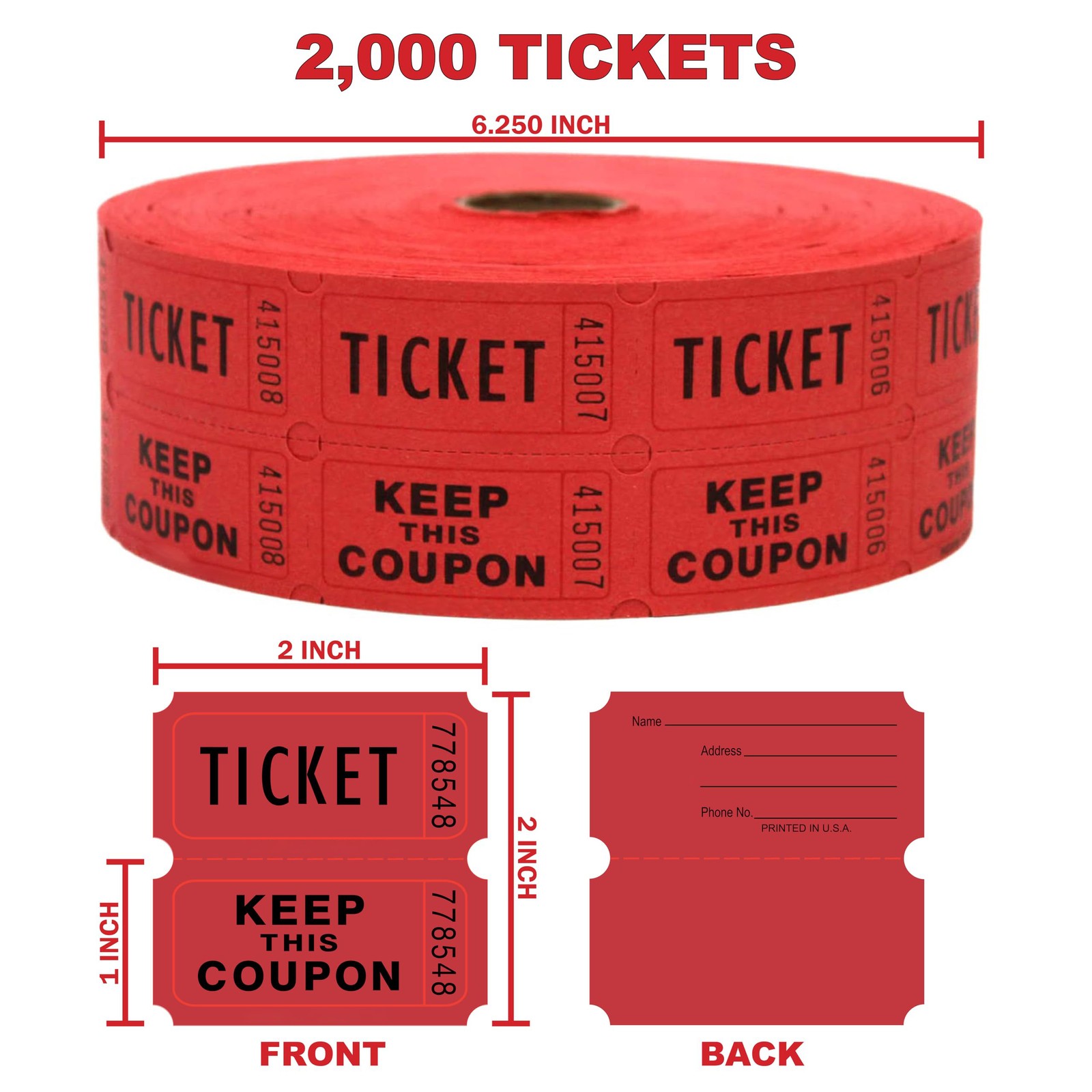 2,000 Red Carnival Tickets, Double Roll 50/50 Raffle, Multicolor