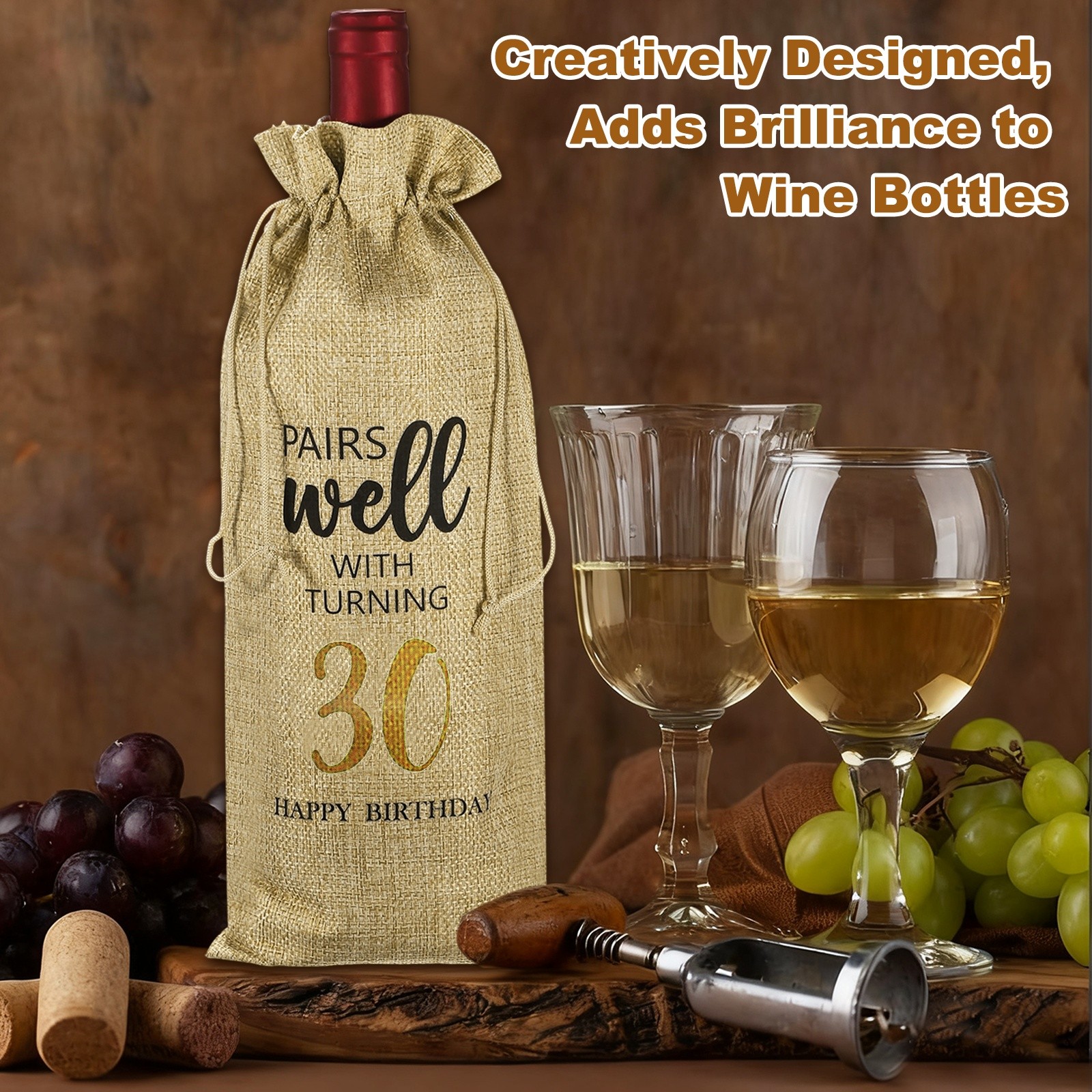 6 x 14 Inch 30th Birthday Gift Wine Bottle Bag with Drawstring, Beige