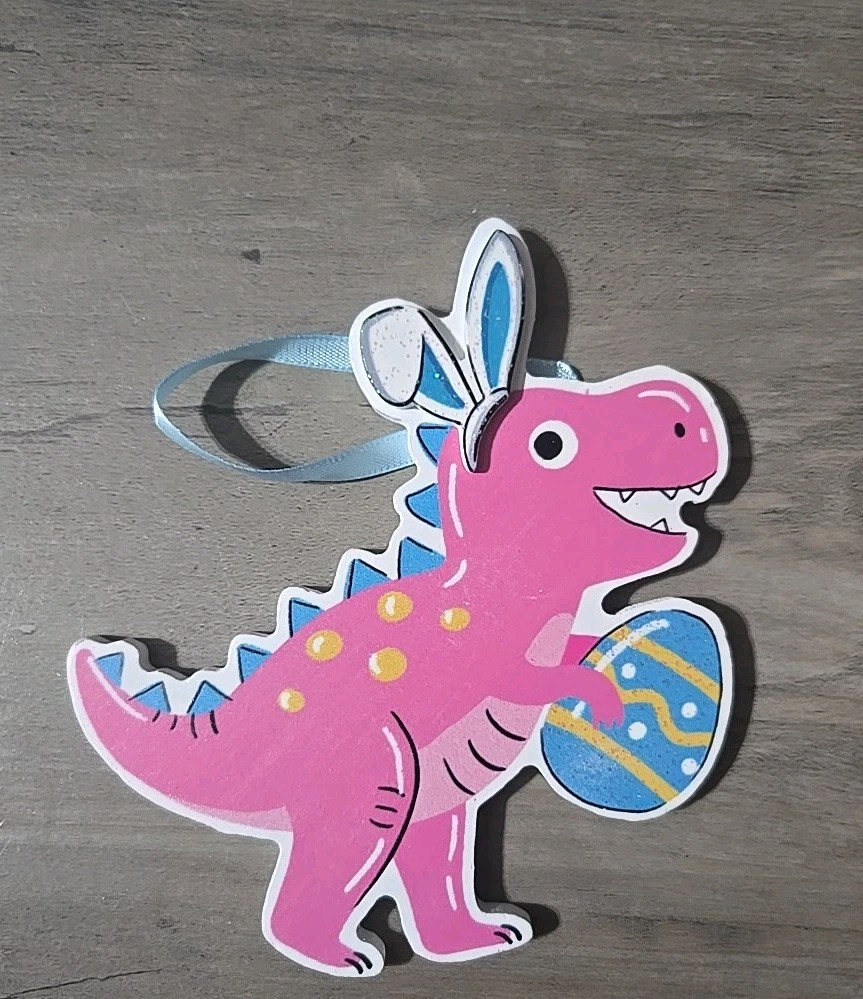 Wooden Hanging Easter Decoration Happy Dino With Bunny Ears And Egg