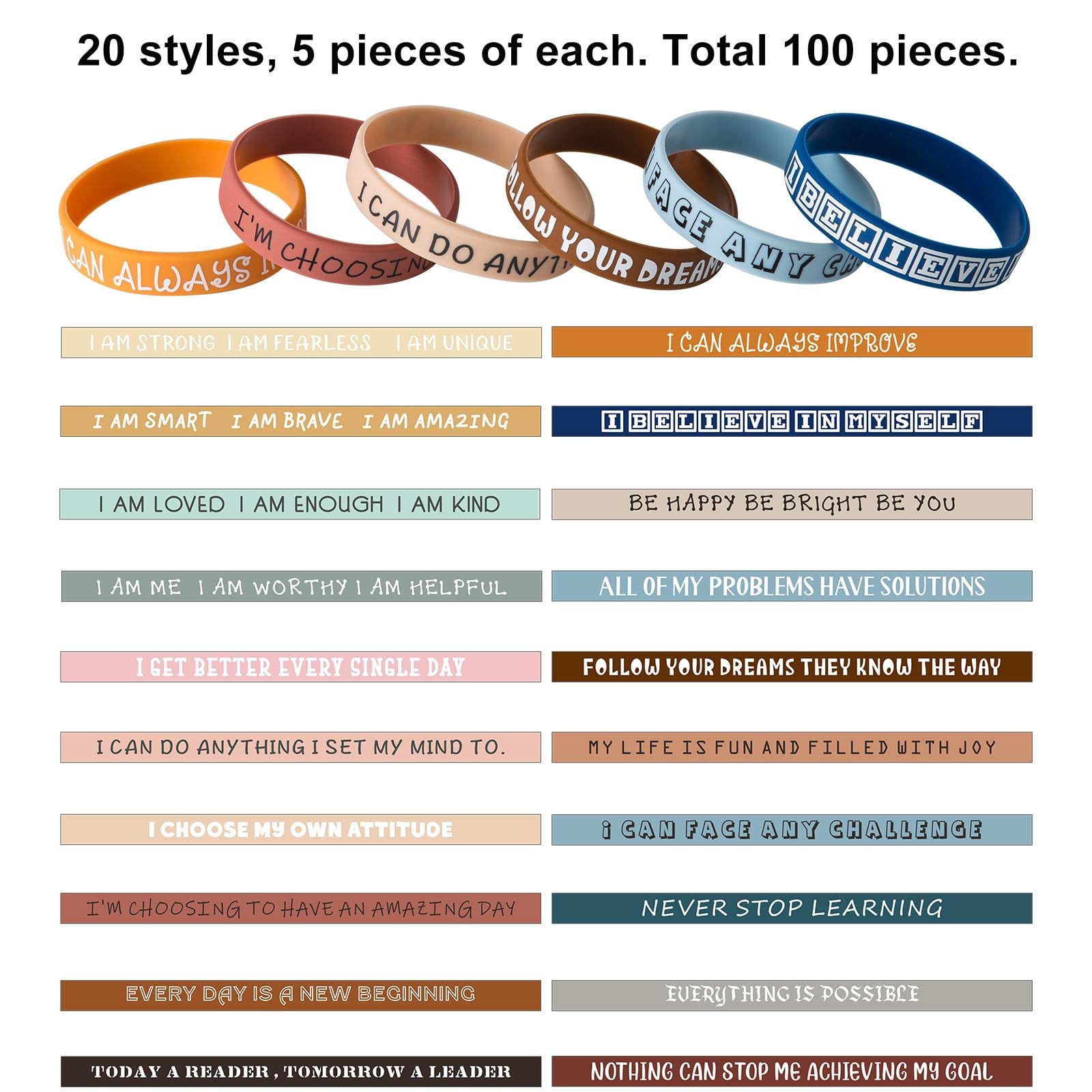 100 Pieces Inspirational Quote Wristbands -Bulk Pack Colored Motivational Bra…