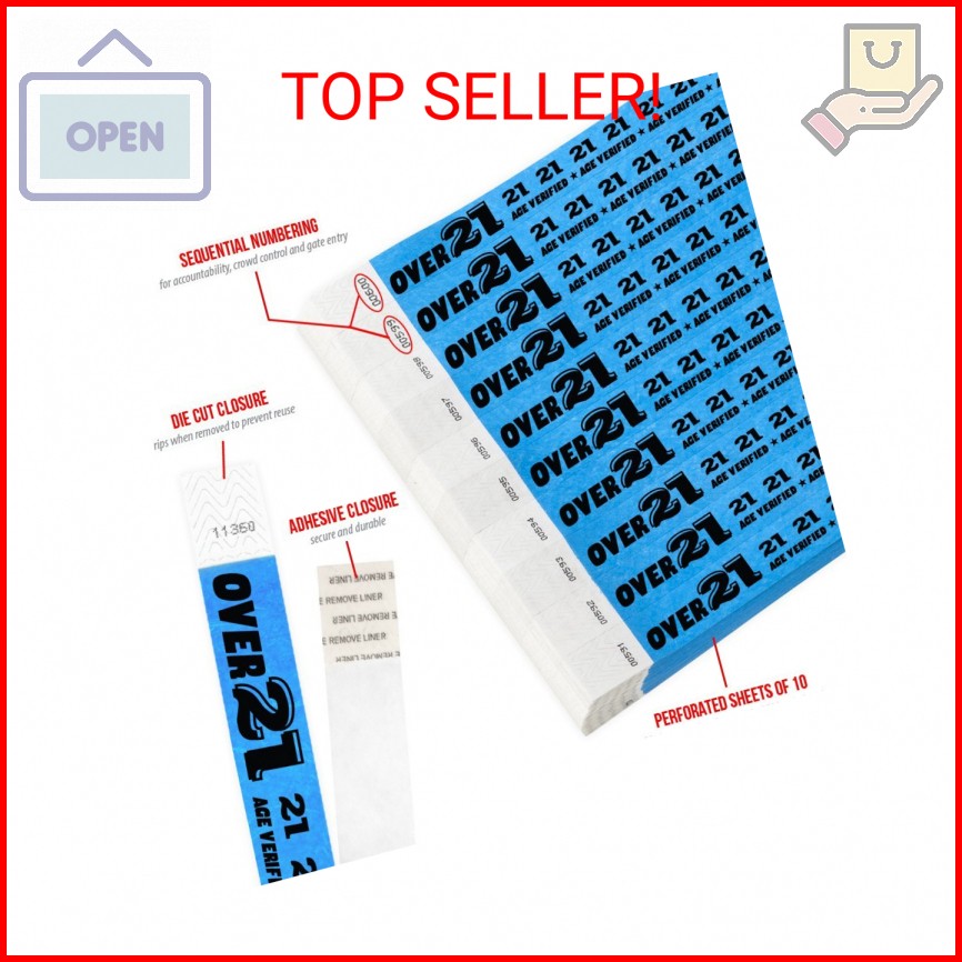 500 WristCo Over 21 Neon Blue Tyvek Wristbands for Events – ¾” x 10” – Waterproo