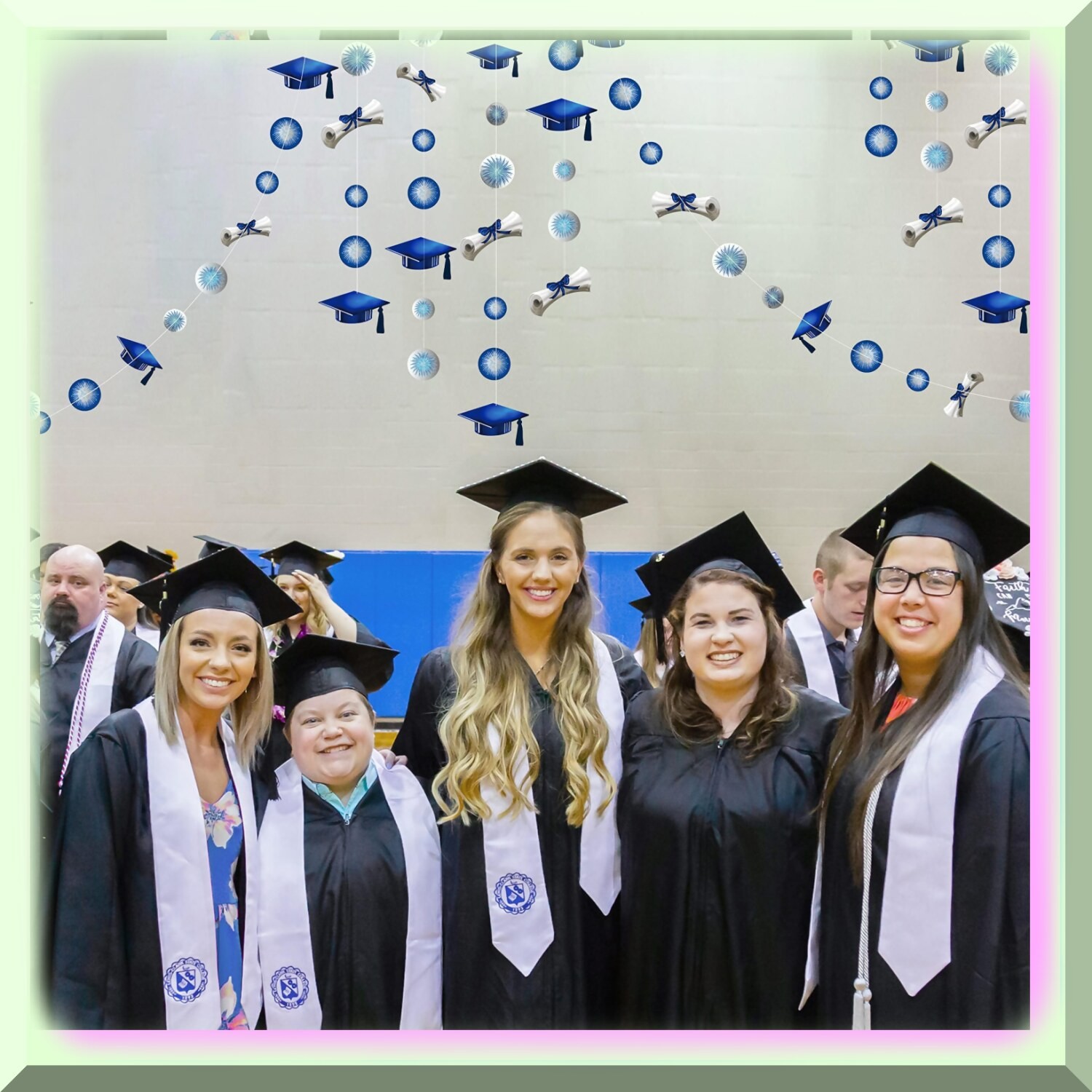 Blue Graduation Garland Set with Caps Diplomas and Fireworks