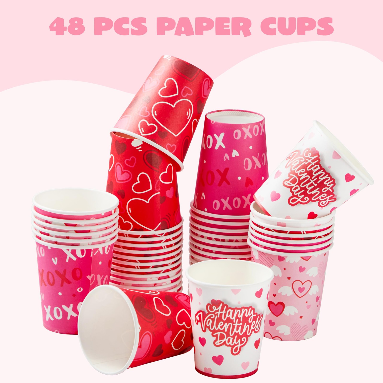 48 Pcs Valentine’s Day Disposable Cups, Paper Cocoa Cups with Pink Red Heart D