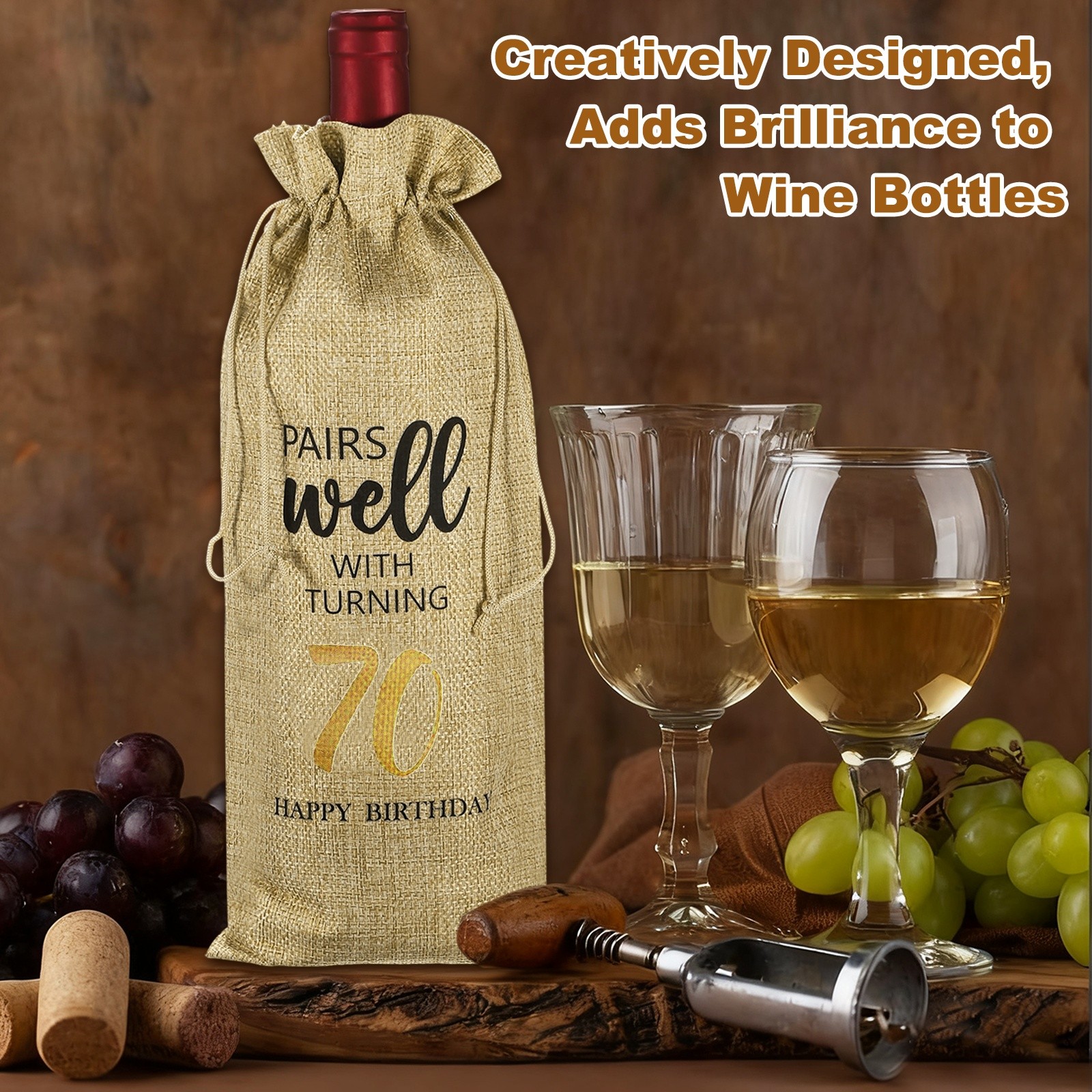 6 x 14 Inch 70th Birthday Gift Wine Bottle Bag with Drawstring, Beige