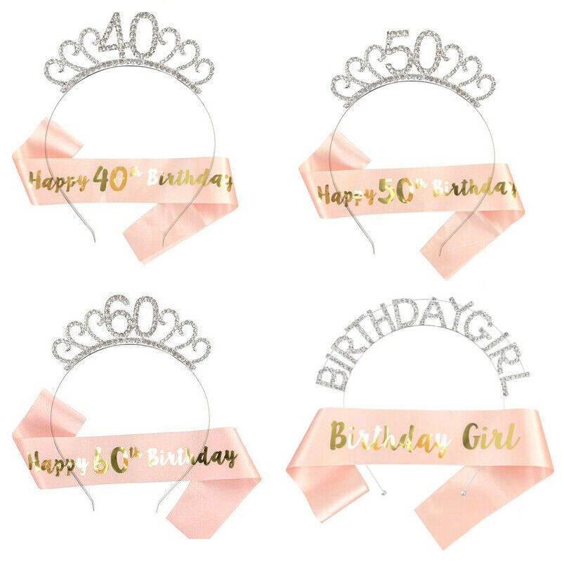 Girl Women Headband Rose Gold Rhinestone Party Crown Sash Birthday Tiara
