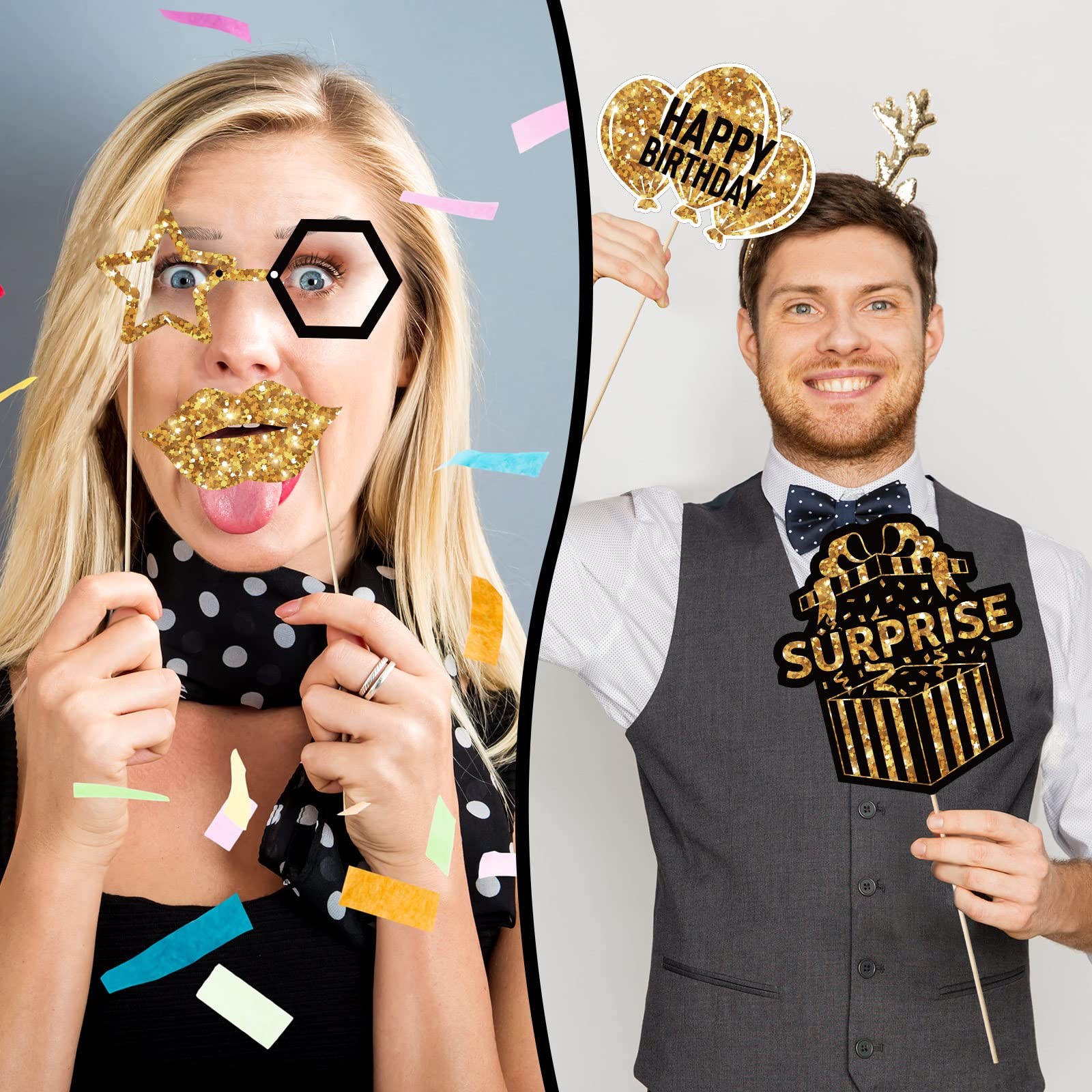 Outus 36 Pcs Birthday Photo Booth Props Kit Happy Gold and Black