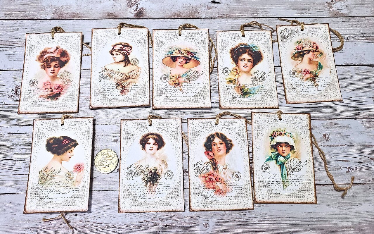 9-Vintage~Paris~Ladies~Ephemera~Fussy Cut~Linen Cardstock~Gift~Hang~Tags
