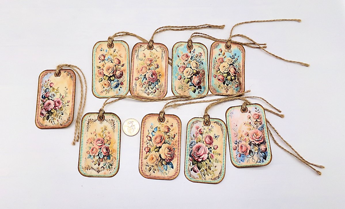 Victorian-Roses-Baroque-Floral-Country-Linen Cardstock-Hang Tags-Set Of 9