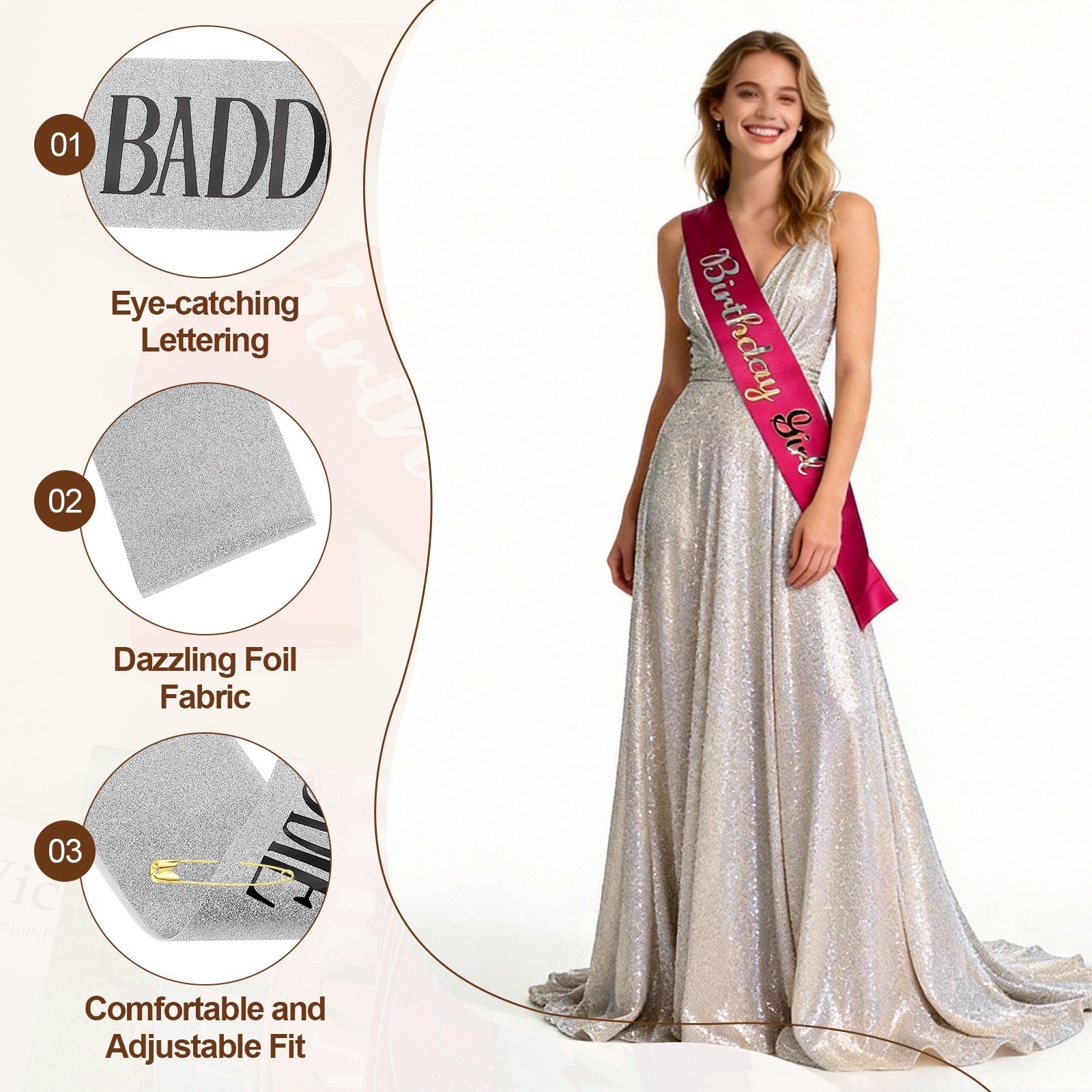 Birthday Baddie Sash with Pin Black Foil Lettering for Party, Silver