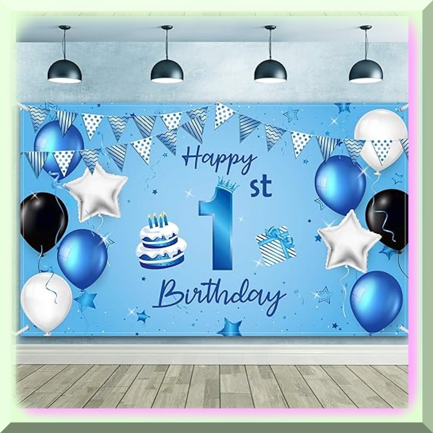 Blue First Birthday Fabric Backdrop with Birthday Decorations