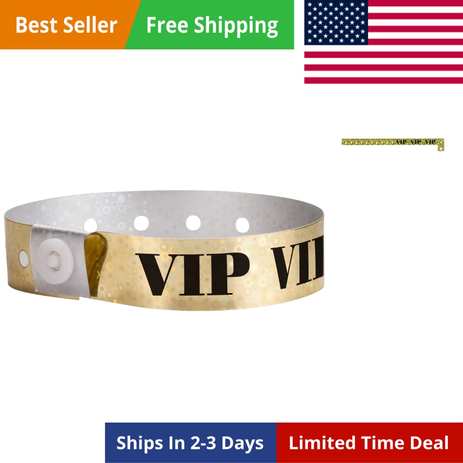 500 Holographic Gold VIP Plastic Secure Snap Wristbands – 5/8″ x 10″ – Adjus…