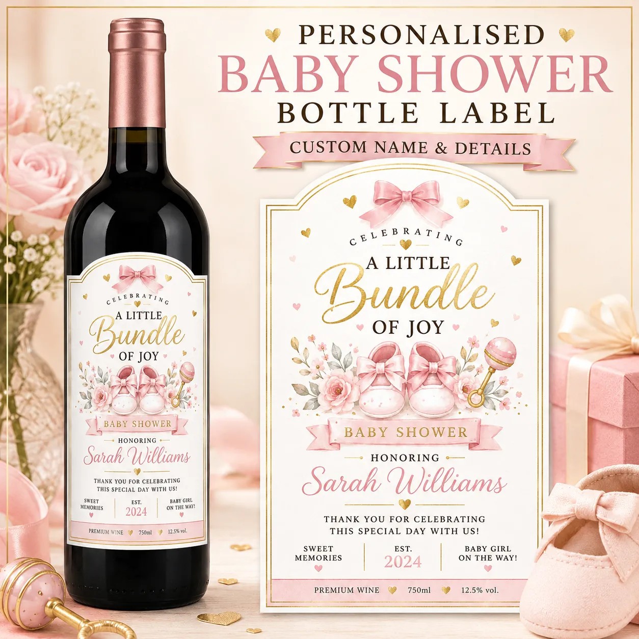 Personalised Christening Bottle Label Sticker Custom Baby Boy Gift Keepsake