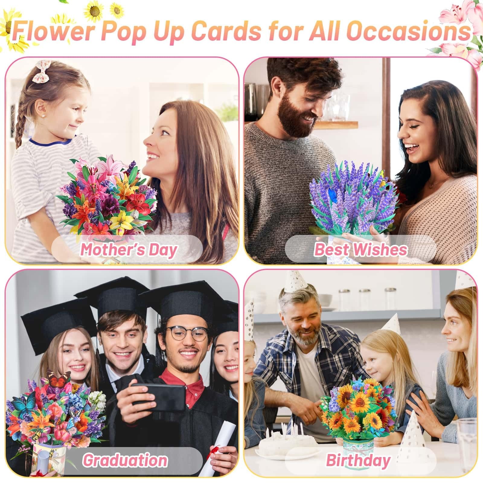 4Pack Paper Flower Pop Up Cards, Bouquet Card 8.5×9 inches, multicolor