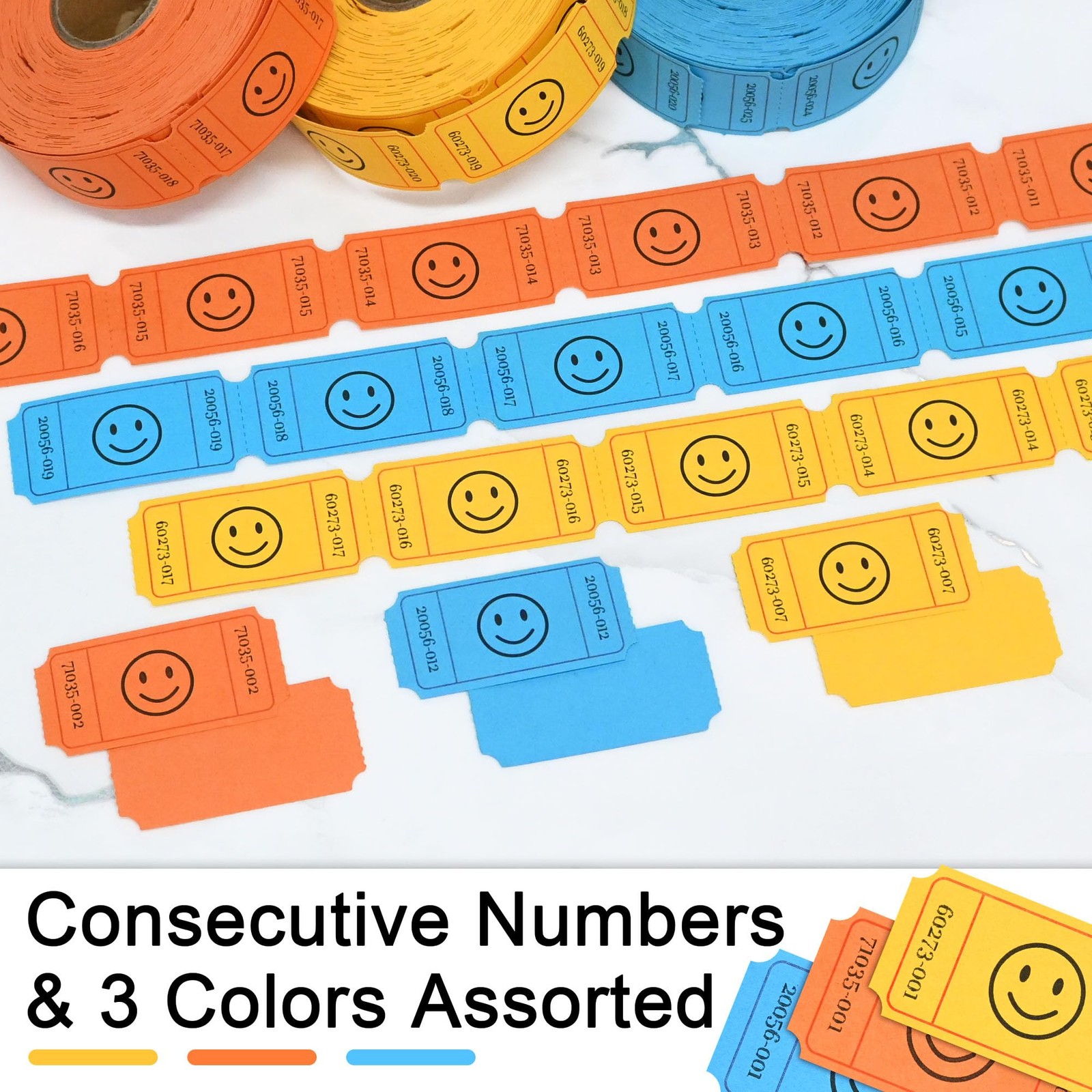 1500 Raffle Tickets Roll, 3 Assorted Colors, 1×2 Inch Smile Ticket for Events…