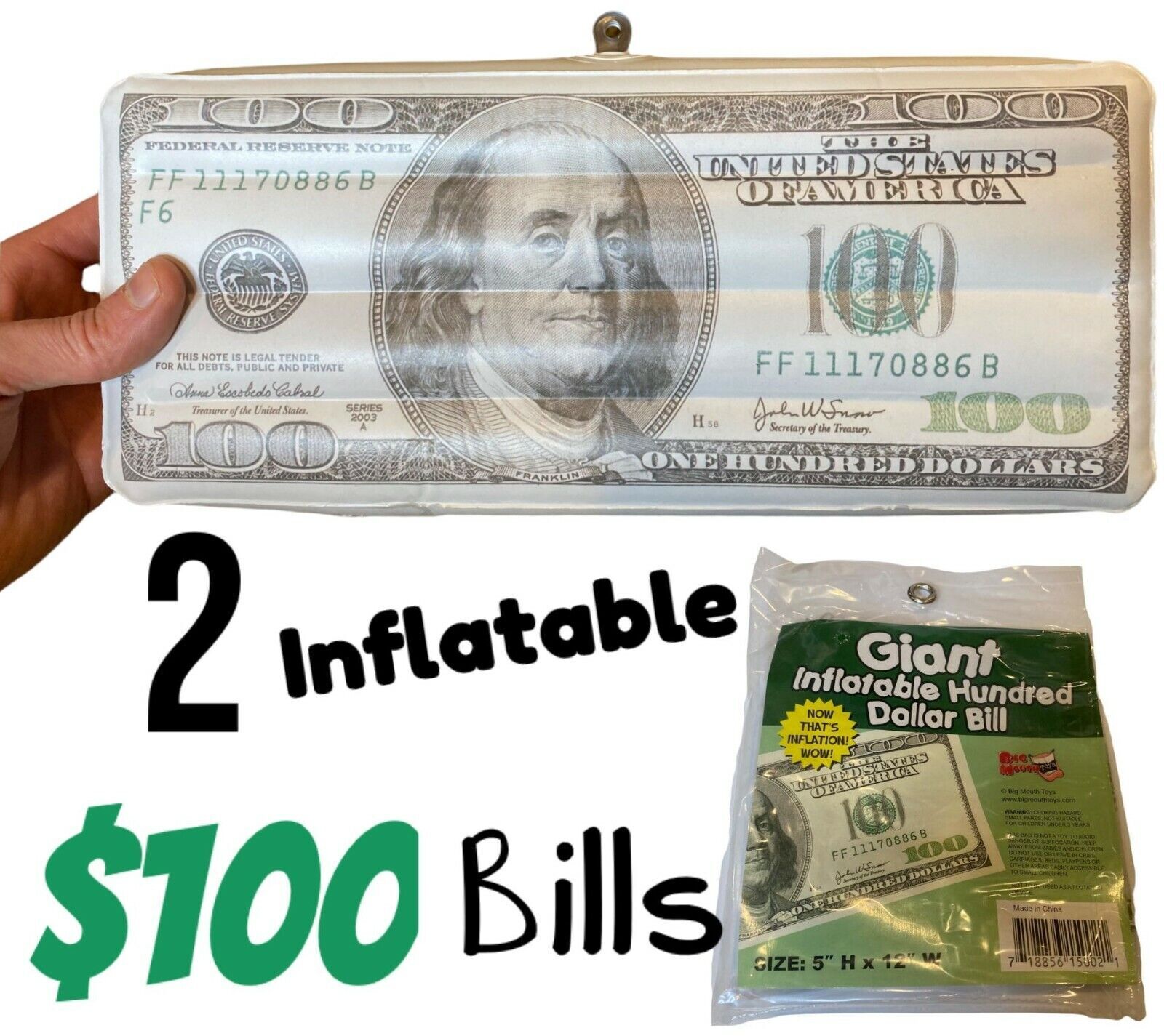 2 Jumbo Inflatable $100 Hundred Dollar Money Bills ~ Party Gag Joke Toy Favors
