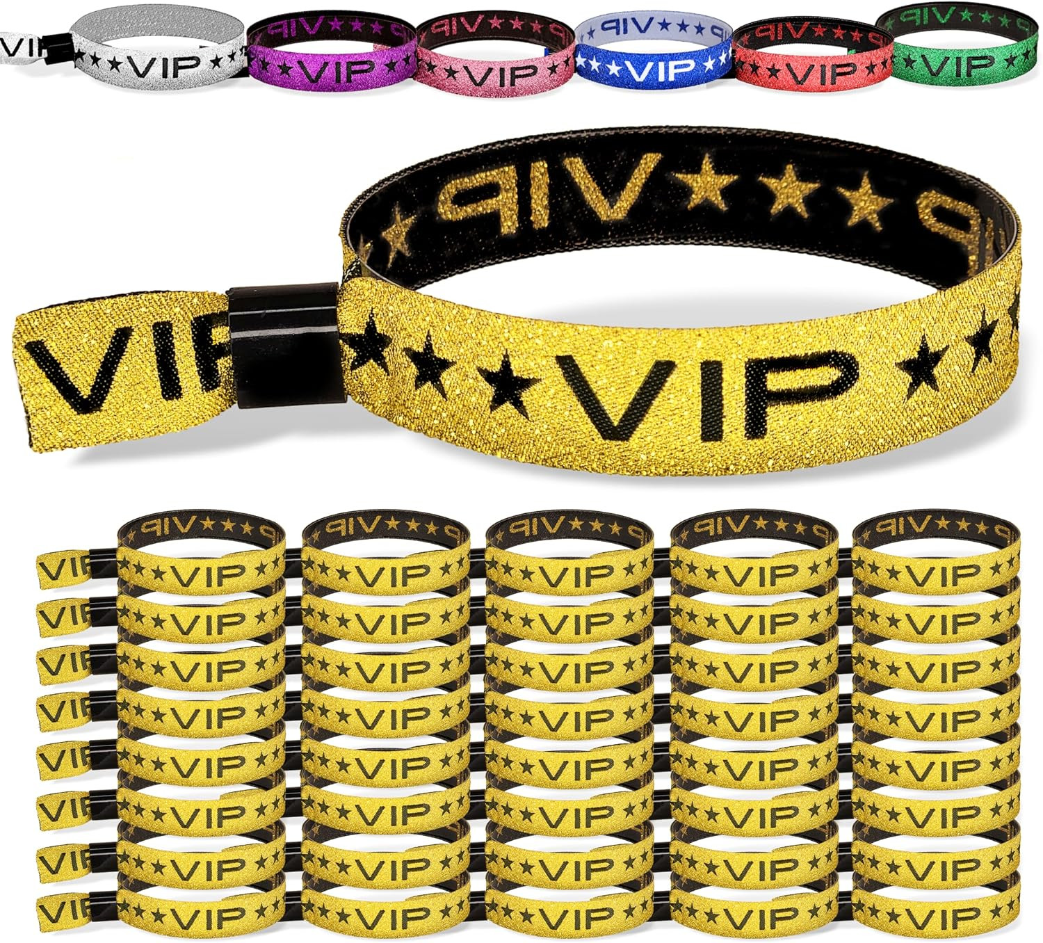 100 Pack Glitter Gold VIP Party Wristbands with Secure Locking Clip. Must Have A