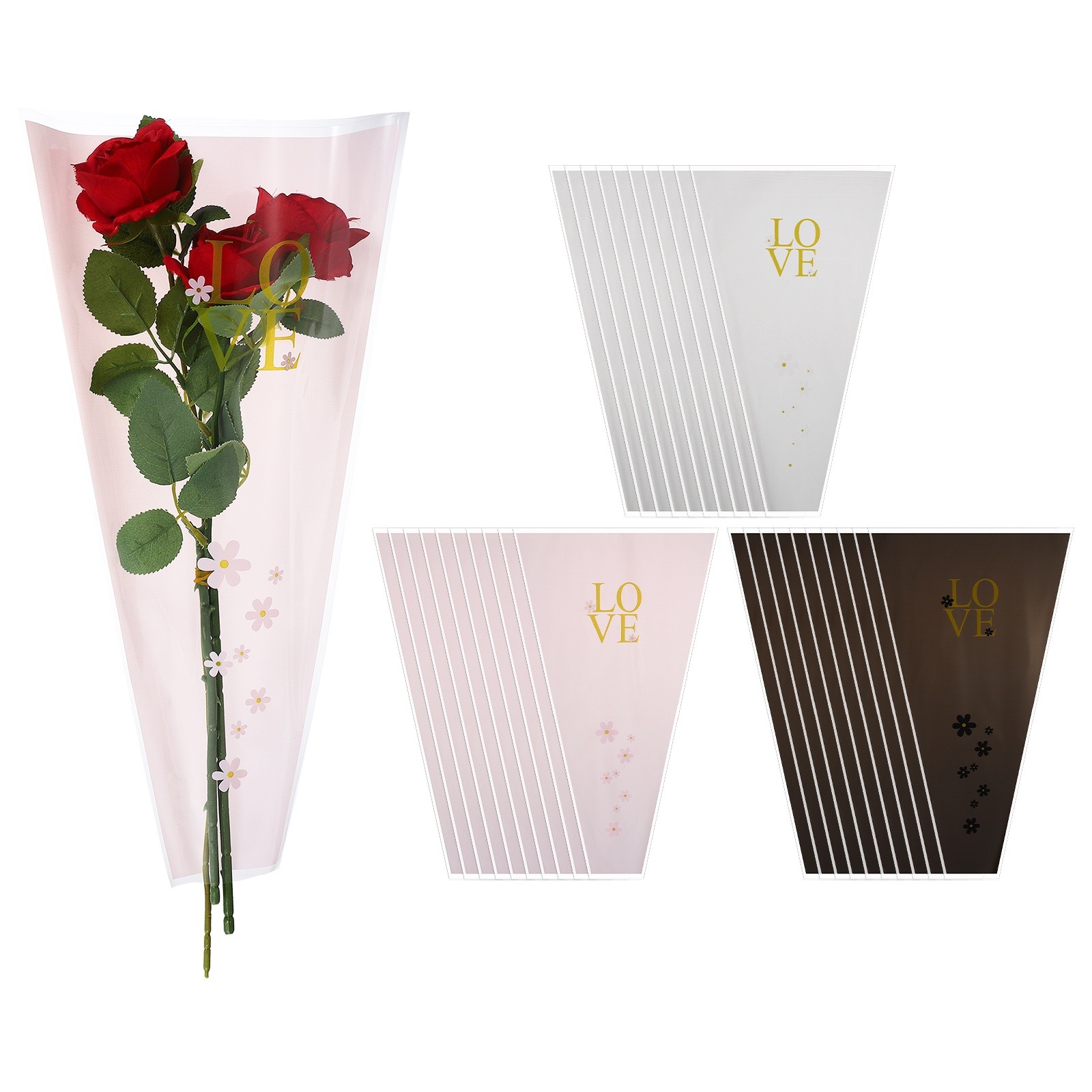 150 Pcs Plastic Rose Floral Bouquet Bags 17.7″ Flower Sleeves, Black/White/Pink
