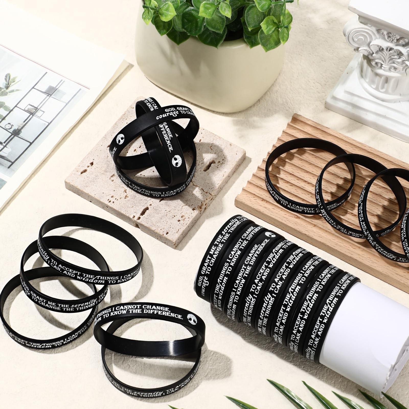 Cunno 50 Pcs Sobriety Bracelets Easter Serenity Prayer Gifts 20.2cm, Black