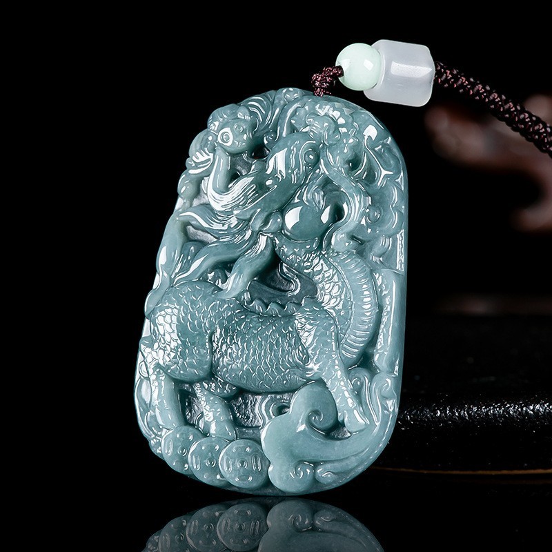 Natural Jadeite Qilin Pendant Necklace, Carved Kirin Amulet for Luck Prosperity