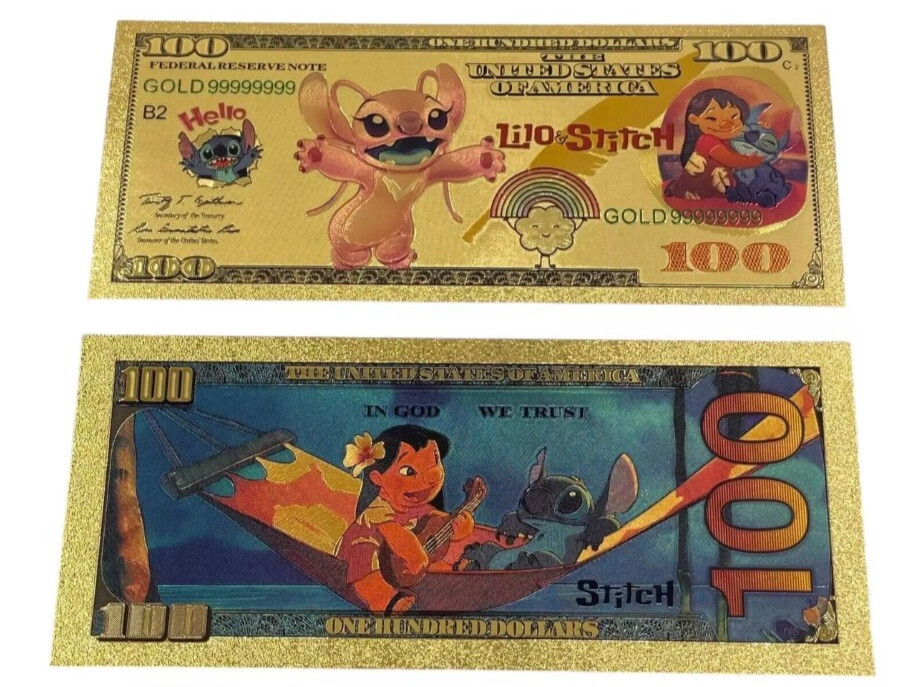 24k Gold Foil Plated Lilo and Stitch Banknote – Set of 9 Disney Party Favors
