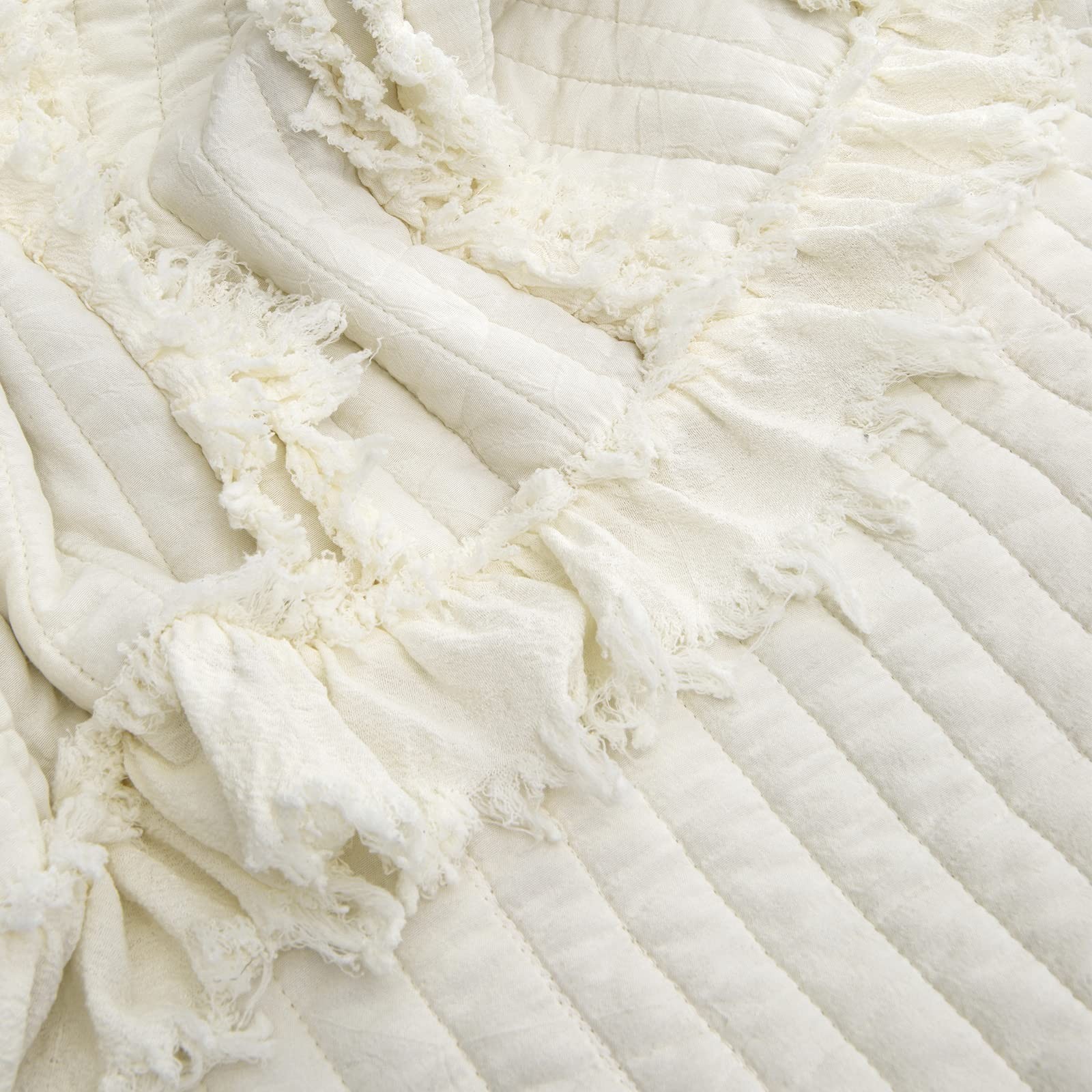 Pre-Washed Ultra Soft Quilted Cream King Size Blankets for Bed, Ruffle Fringe…