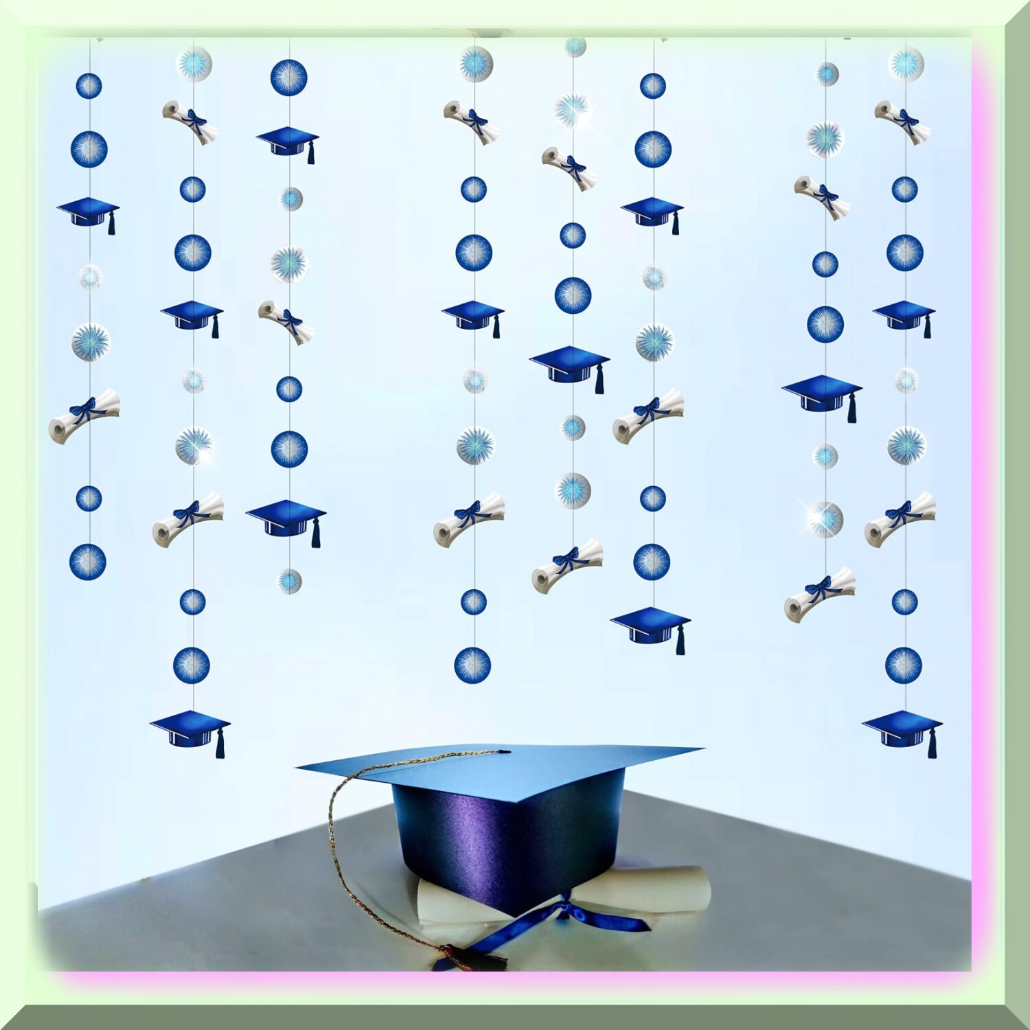 Blue Graduation Garland Set with Caps Diplomas and Fireworks