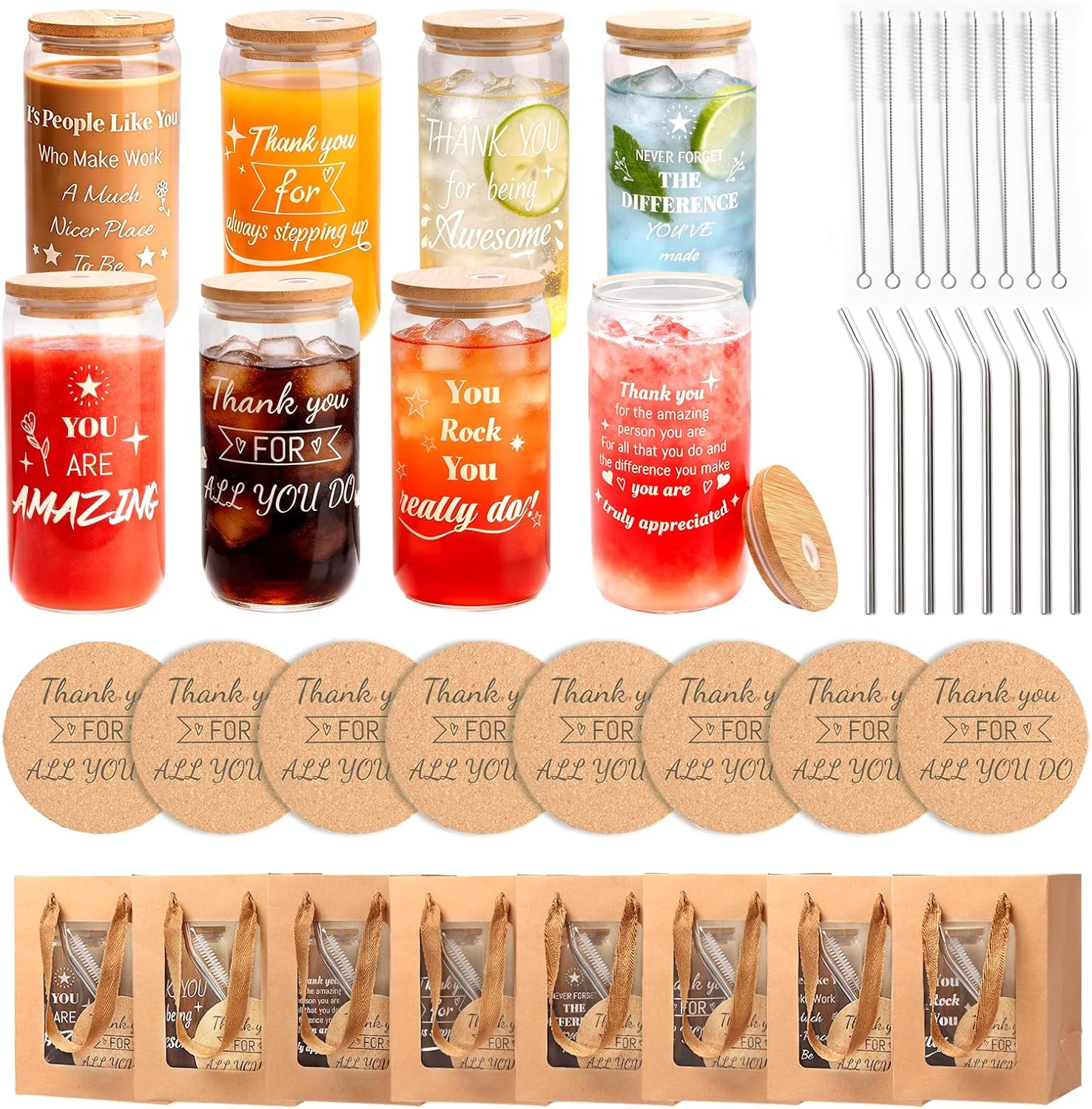 40 Pcs/8 Sets Employee Appreciation Gifts Glass Cups with Coasters, Straws, Gift