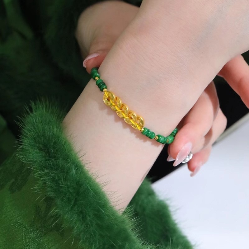 Chinese Green Chalcedony Beads Woven Bracelet Hand Rope Luck Wealth Blessing