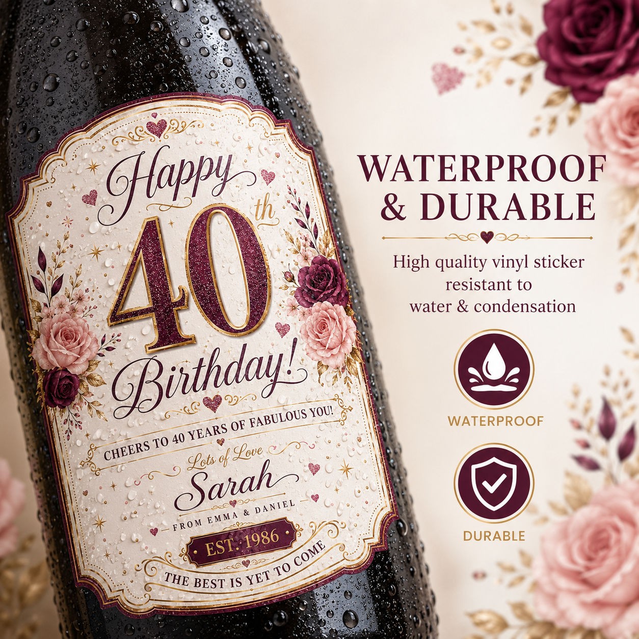 Personalised 40th Birthday Bottle Label Sticker Wine Gift Purple Gold