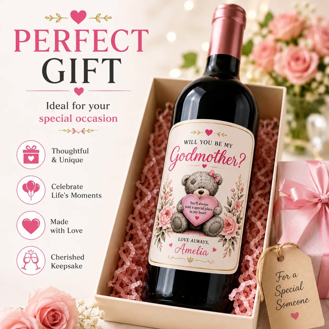 Personalised Godmother Proposal Bottle Label Sticker Custom Wine Gift Keepsake