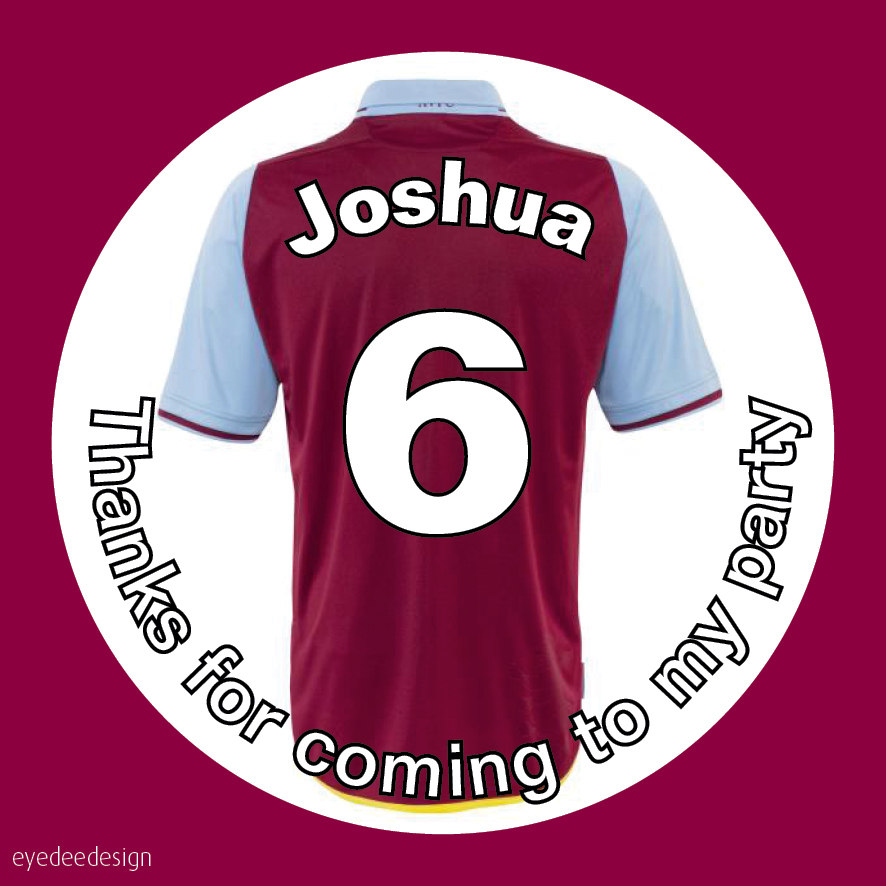 Personalised Football Shirt Birthday Stickers Party Claret West Ham Villa – 592