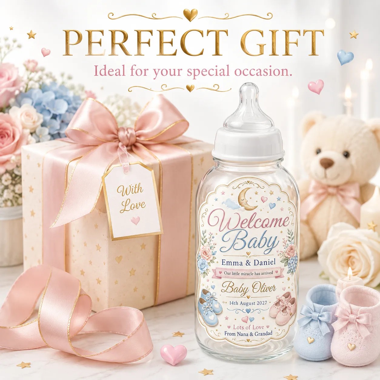 Personalised New Baby Bottle Label Sticker Custom Wine Gift Baby Arrival