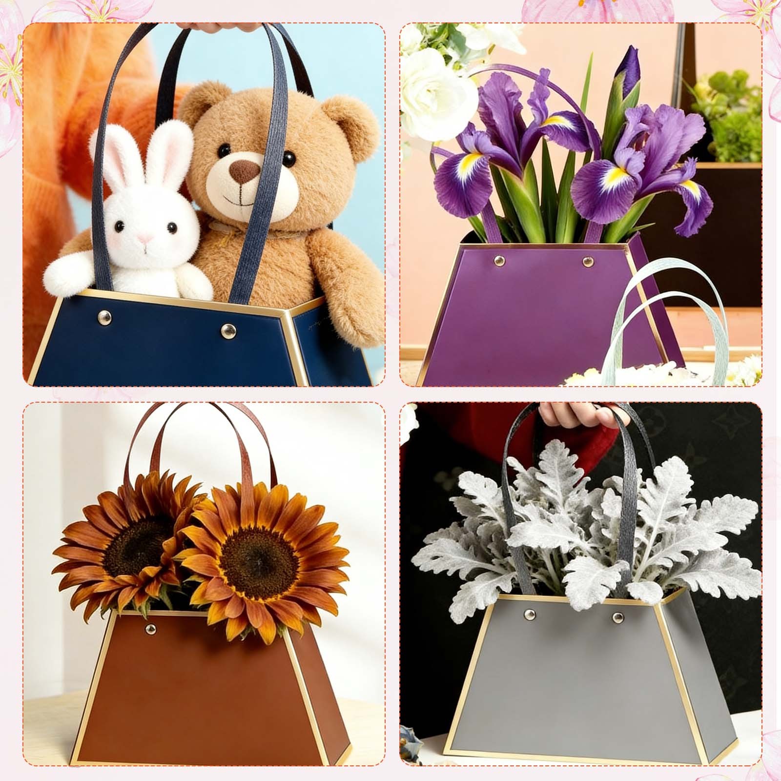 12 Pcs Flower Gift Bags Bouquet Wrapping Bag Paper Bouquet Bag Boxes Light Pink