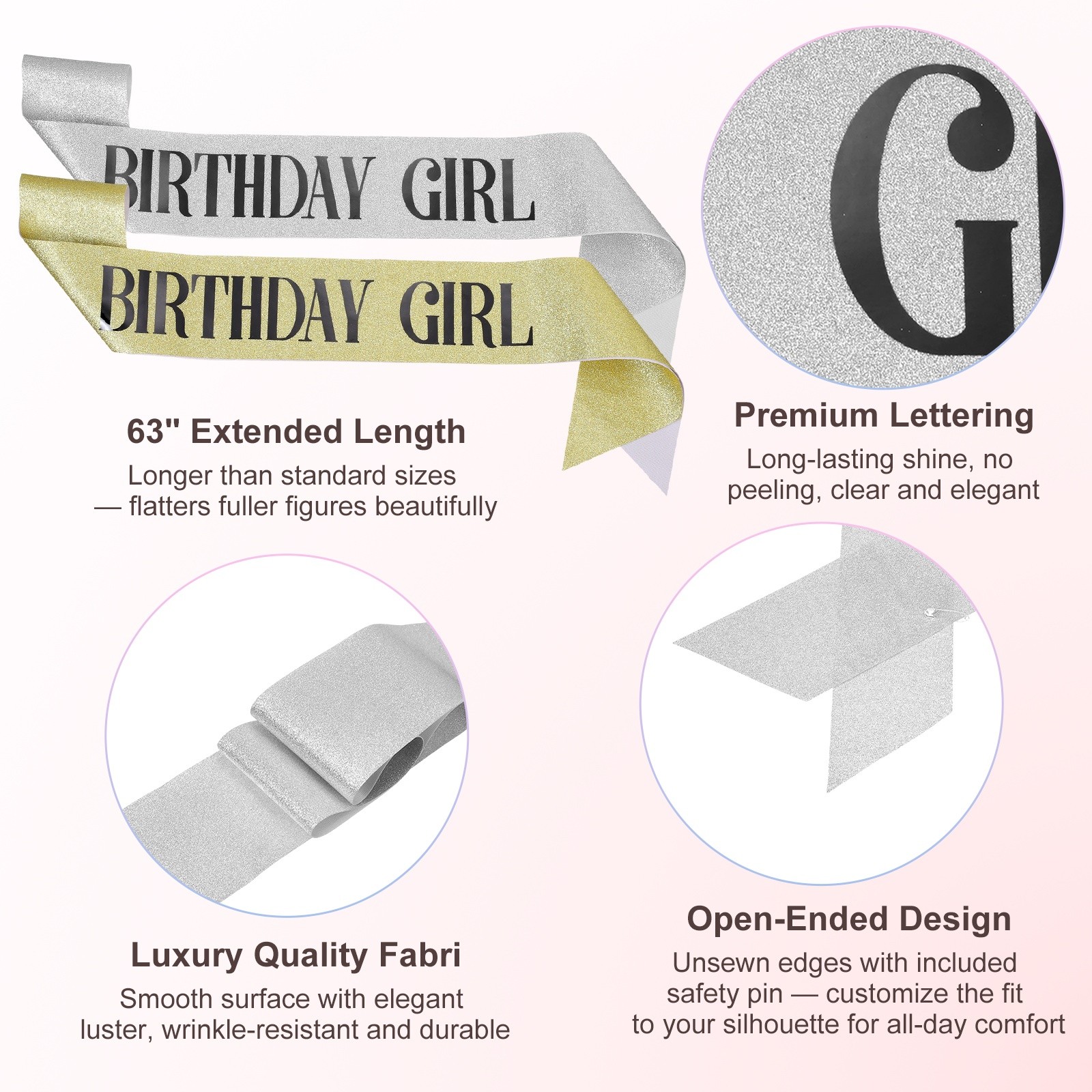 2-Pack Birthday Sash, Sequined Fabric Birthday Gift [Black Text, Silver Gold]