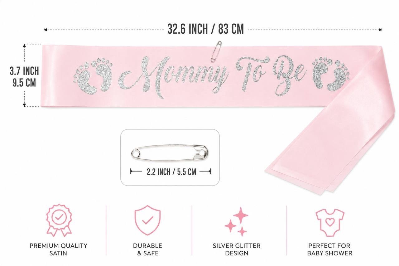 40 Pack Mommy To Be Baby Shower Sashes Pink Satin Silver Glitter w/ Safety Pins