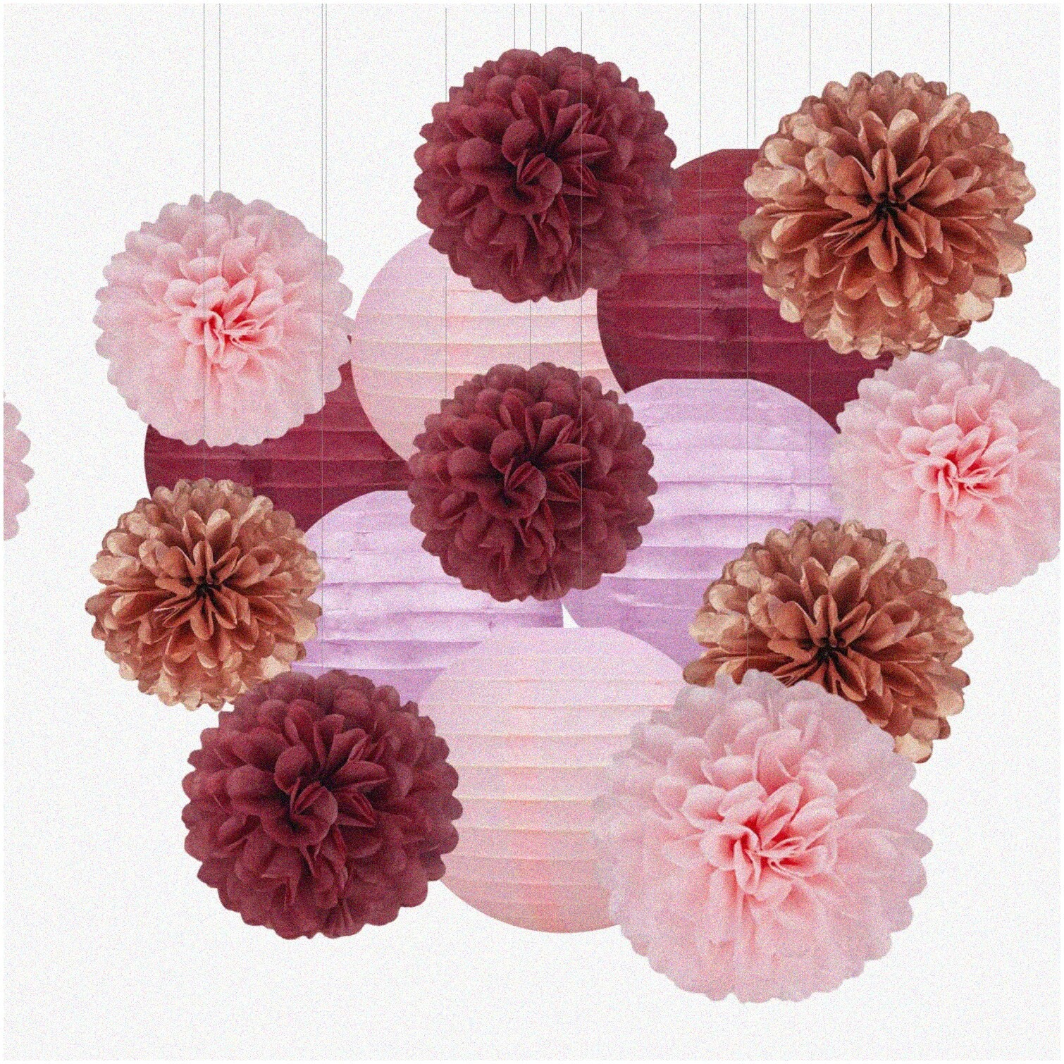 Pink Burgundy Rose-Gold Party Decor Kit with Tissue Pom Poms and Paper Flowers