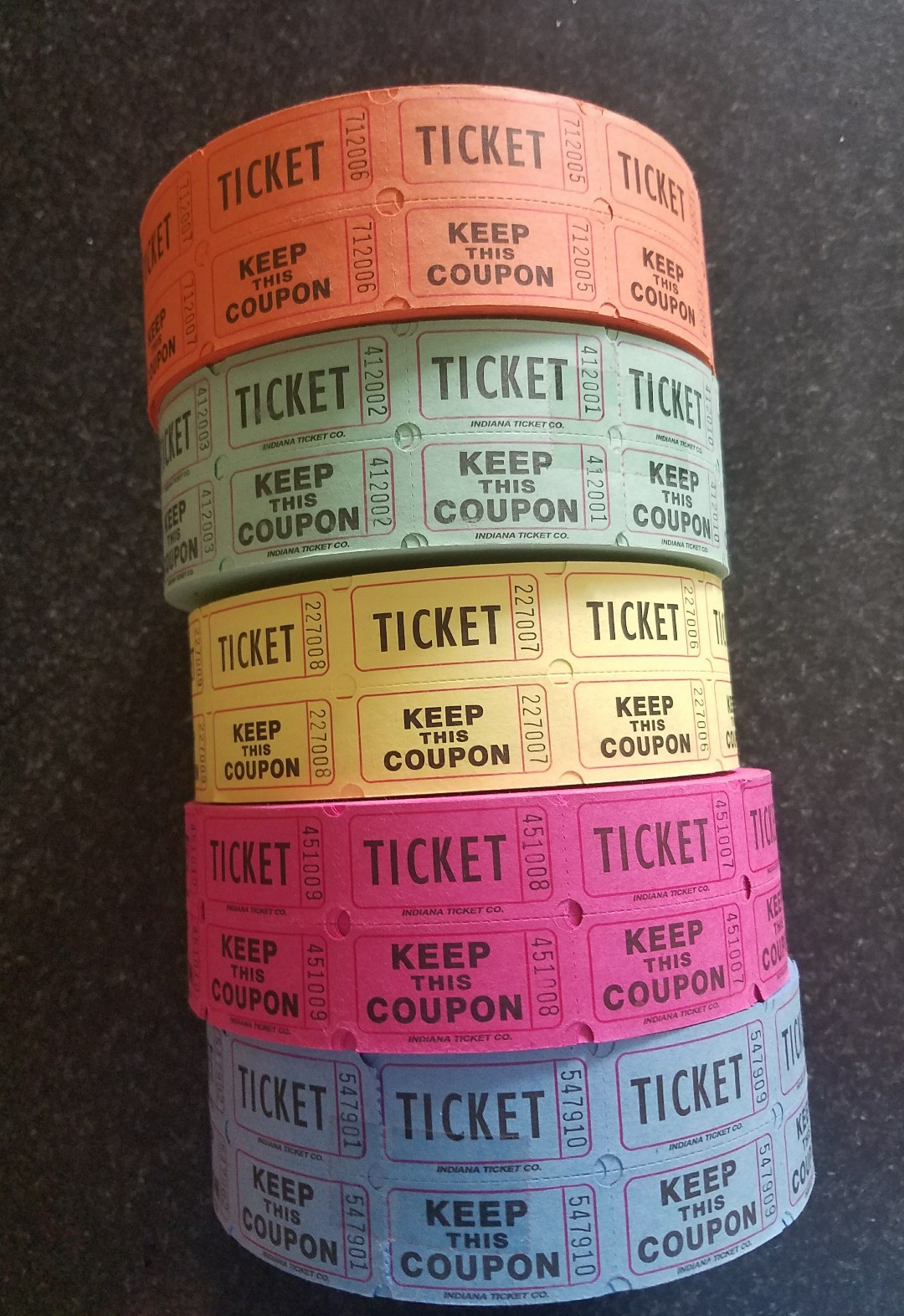 20 ROLLS (1CASE) DOUBLE STUB RAFFLE TICKETS IN 5 ASSORTED COLORS