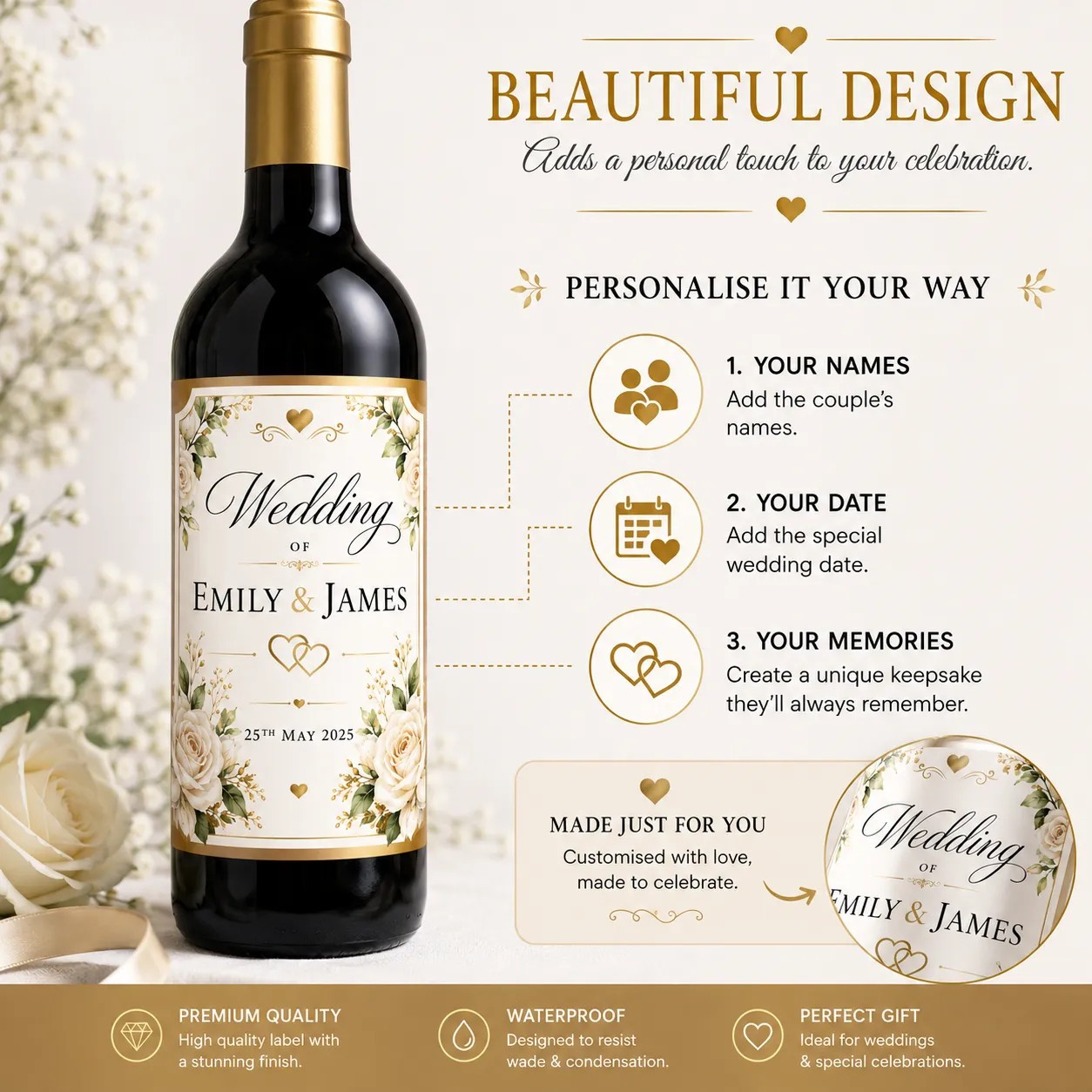 Personalised Wedding Bottle Label Custom Wine Sticker Gift for Couple