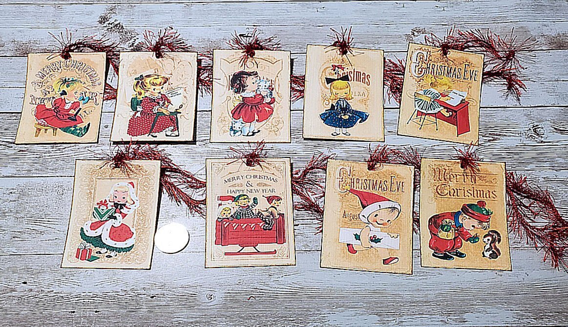 9-Christmas-Retro-Mid Century-40’s-50’s-Kitschy-Linen Cardstock-Gift-Hang-Tags